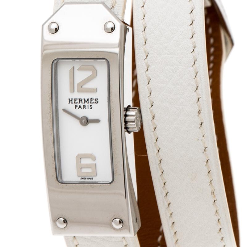 Contemporary Hermes White Stainless Steel Kelly 2 Double  KT1.210 Women's Wristwatch 15 mm