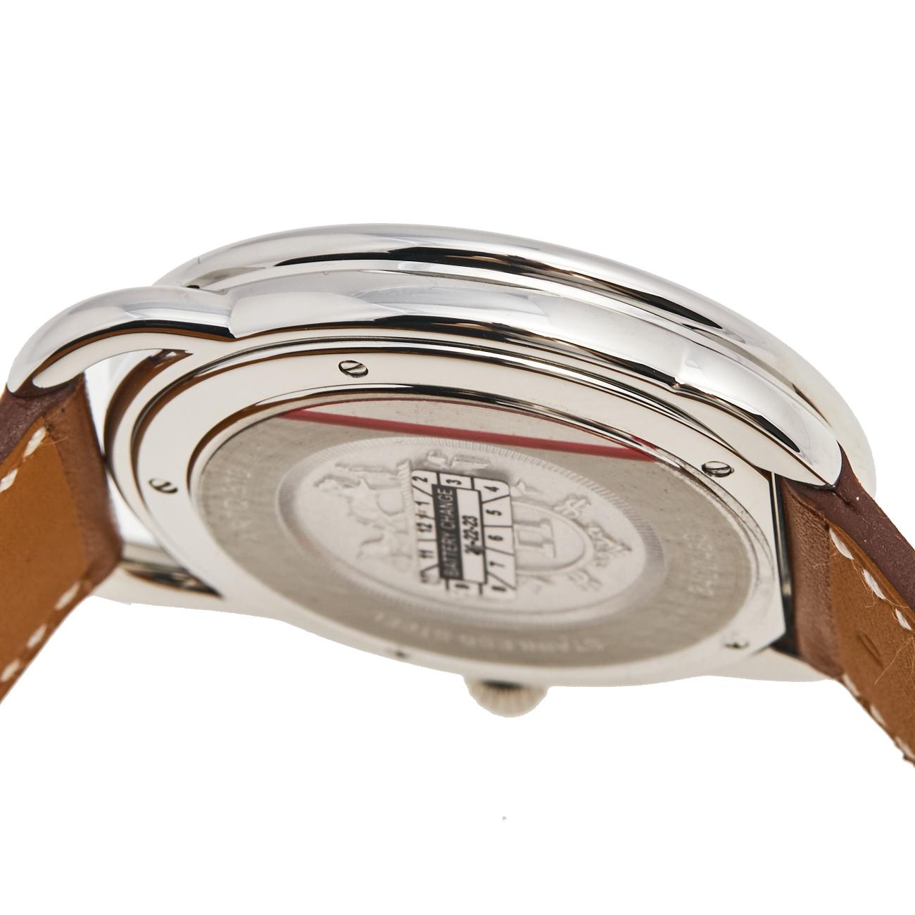 Contemporary Hermes White Stainless Steel Leather Arceau AR7Q.810 Men's Wristwatch 40 mm
