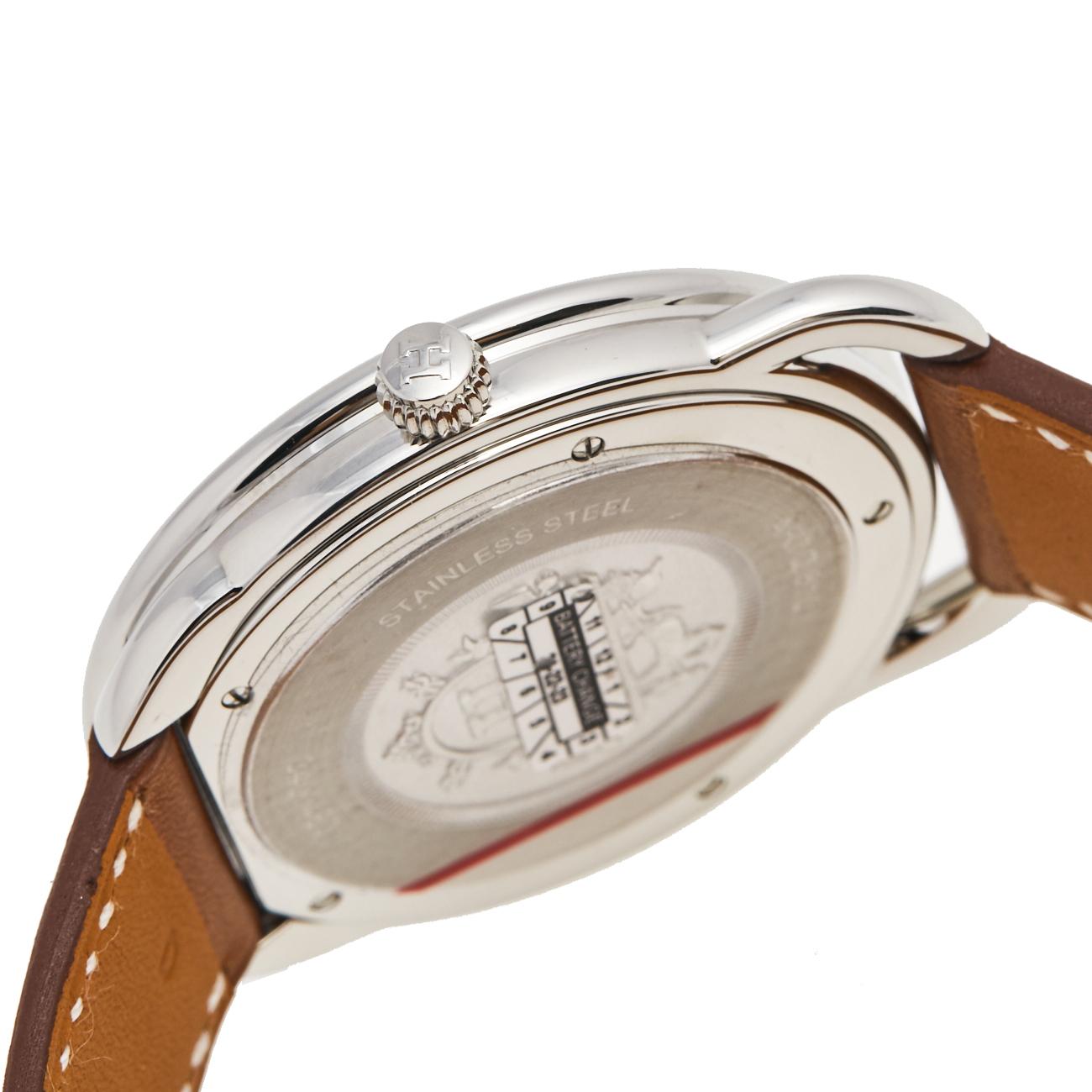 Hermes White Stainless Steel Leather Arceau AR7Q.810 Men's Wristwatch 40 mm In New Condition In Dubai, Al Qouz 2