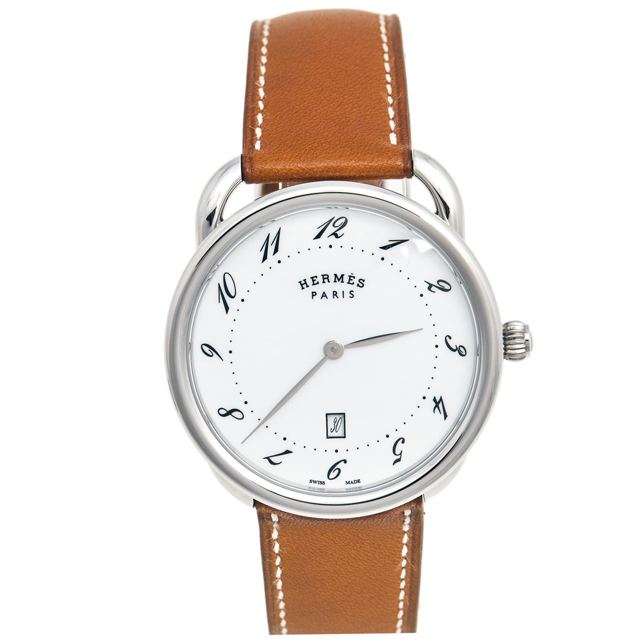 Hermes White Stainless Steel Leather Arceau AR7Q.810 Men's Wristwatch 40 mm