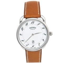Hermes White Stainless Steel Leather Arceau AR7Q.810 Men's Wristwatch 40 mm