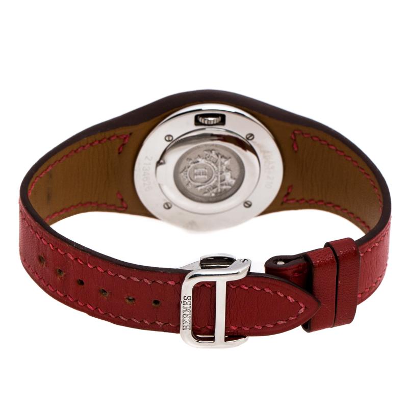 Hermes White Stainless Steel Red Harnais HA3.210 Women's Wristwatch 27.50 mm In Good Condition In Dubai, Al Qouz 2
