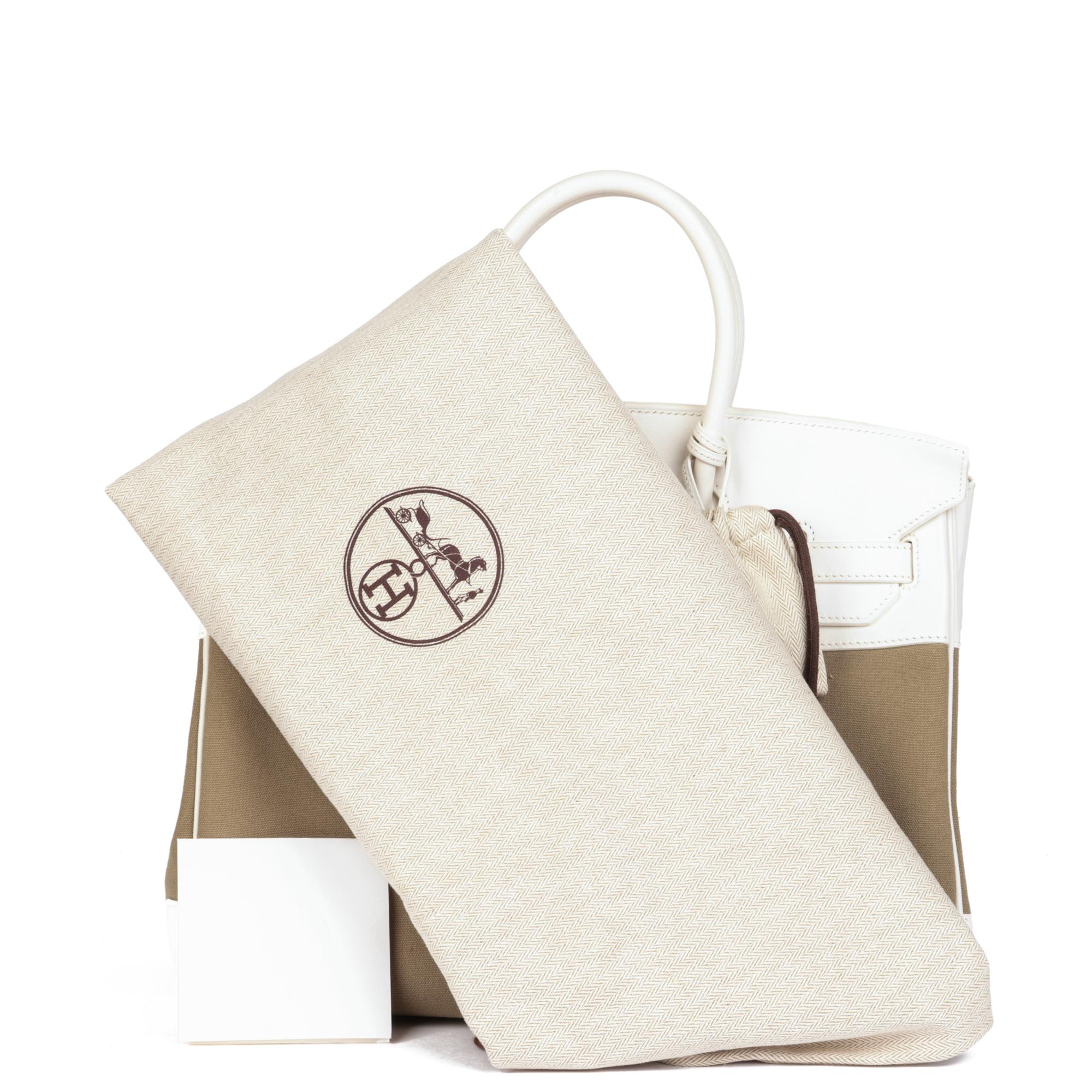 Hermès White Swift Leather & Olive Toile Canvas Birkin 35cm Retourne en vente 6