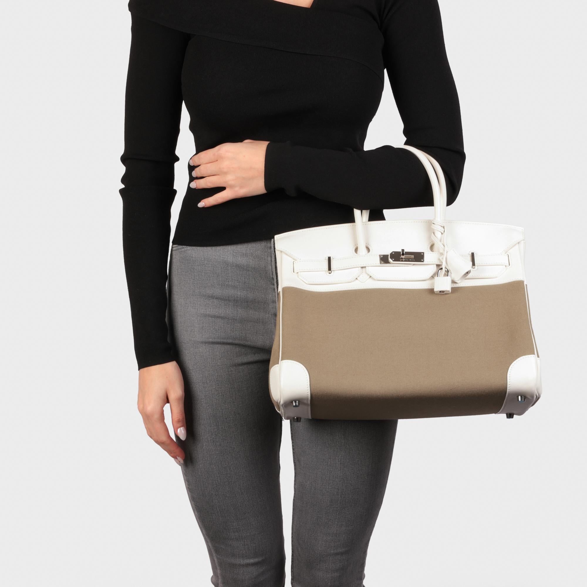 Hermès White Swift Leather & Olive Toile Canvas Birkin 35cm Retourne en vente 7