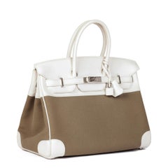 Hermès Weiß Swift Leder & Olive Toile Canvas Birkin 35cm Retourne