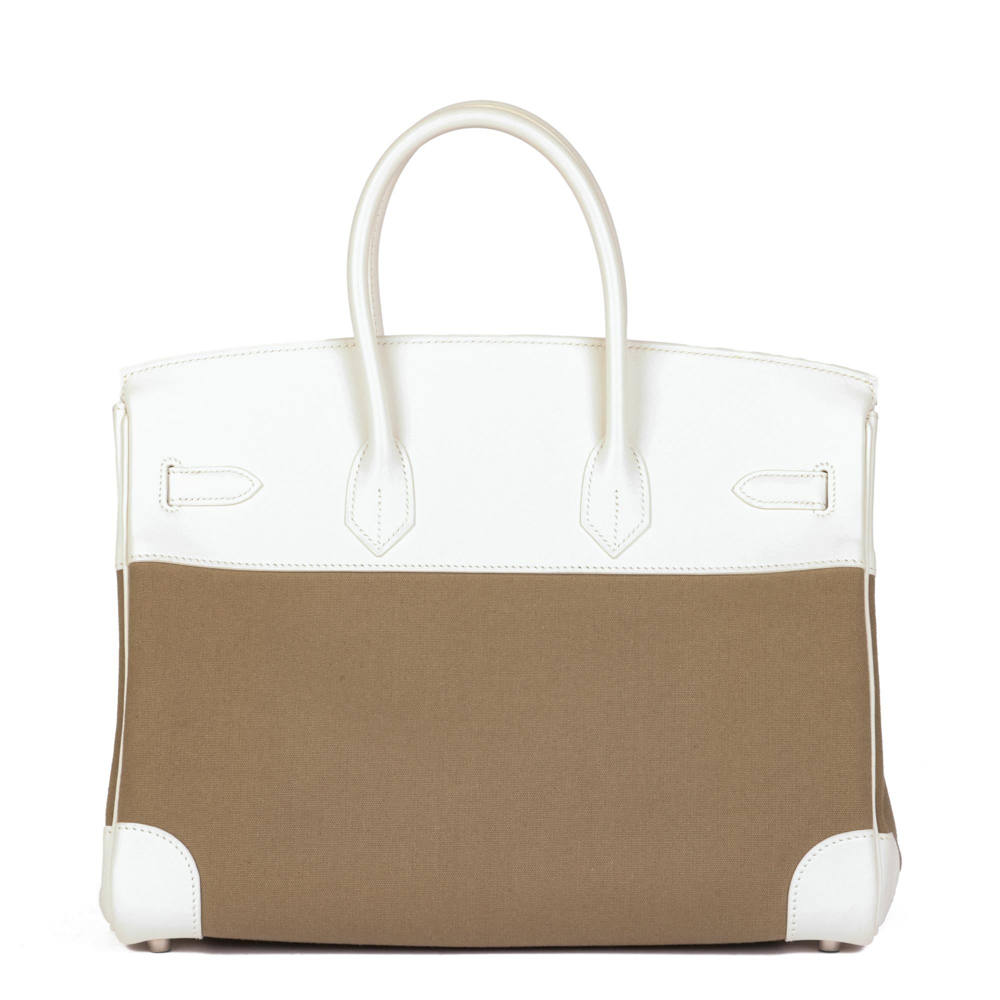 Women's Hermès White Swift Leather & Olive Toile Canvas Birkin 35cm Retourne For Sale