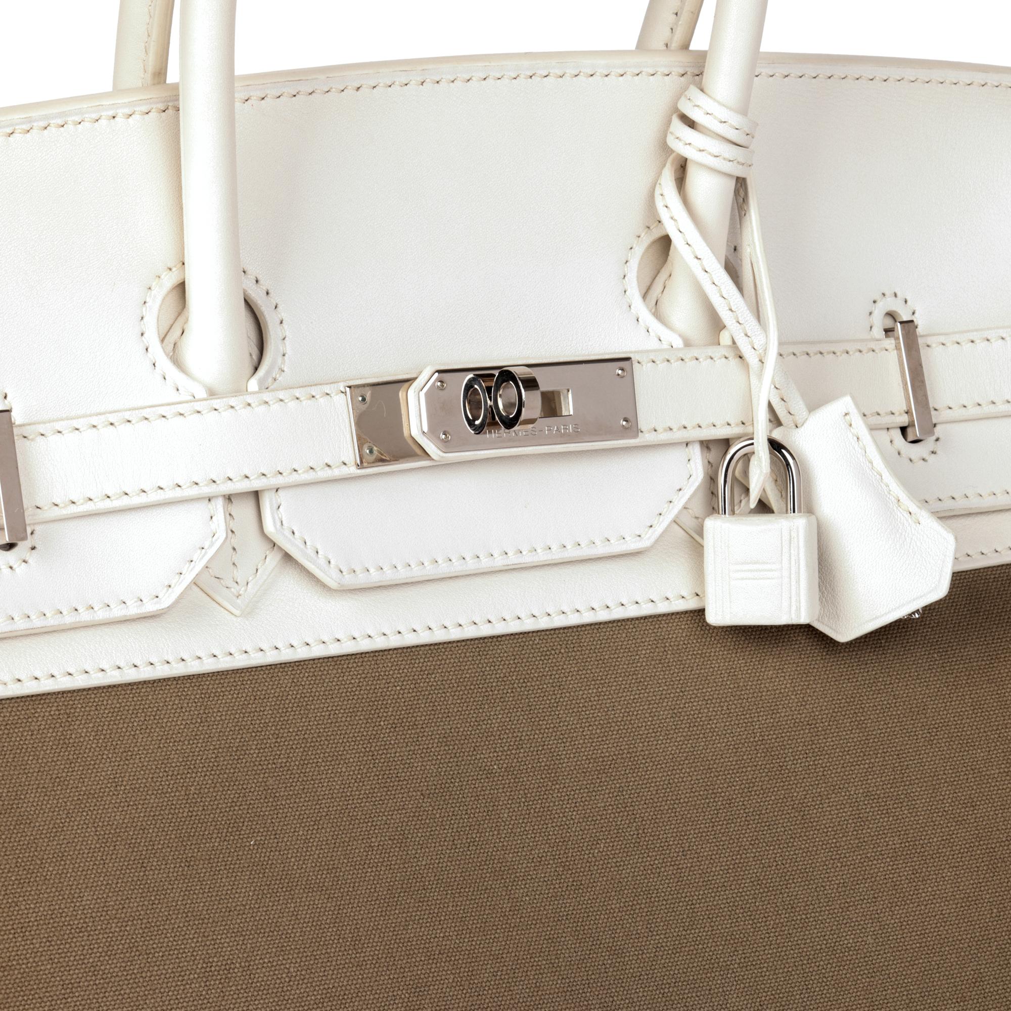 Hermès White Swift Leather & Olive Toile Canvas Birkin 35cm Retourne For Sale 2
