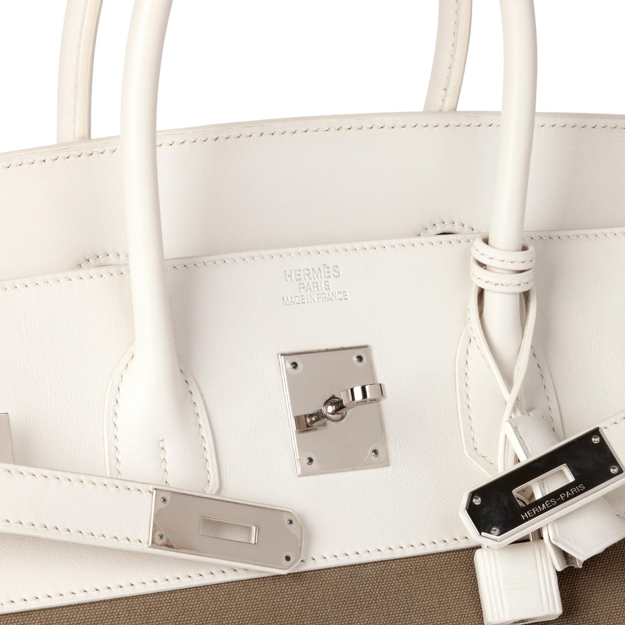 Hermès White Swift Leather & Olive Toile Canvas Birkin 35cm Retourne 1