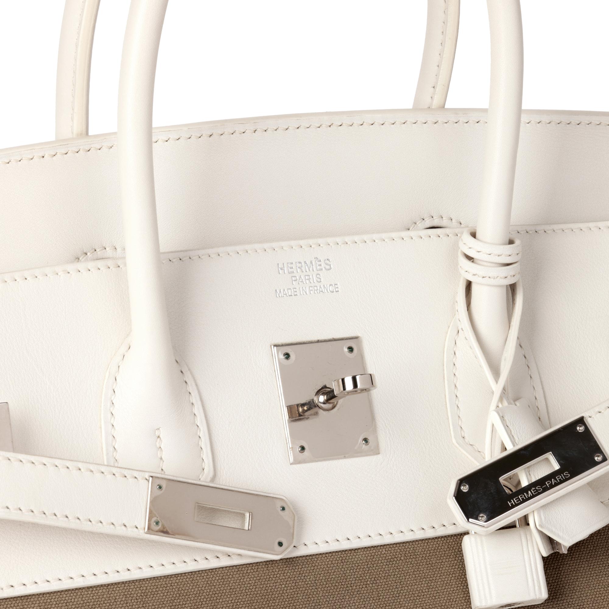 Hermès White Swift Leather & Olive Toile Canvas Birkin 35cm Retourne en vente 3