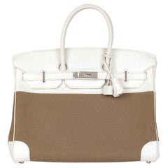 Hermès White Swift Leather & Olive Toile Canvas Birkin 35cm Retourne