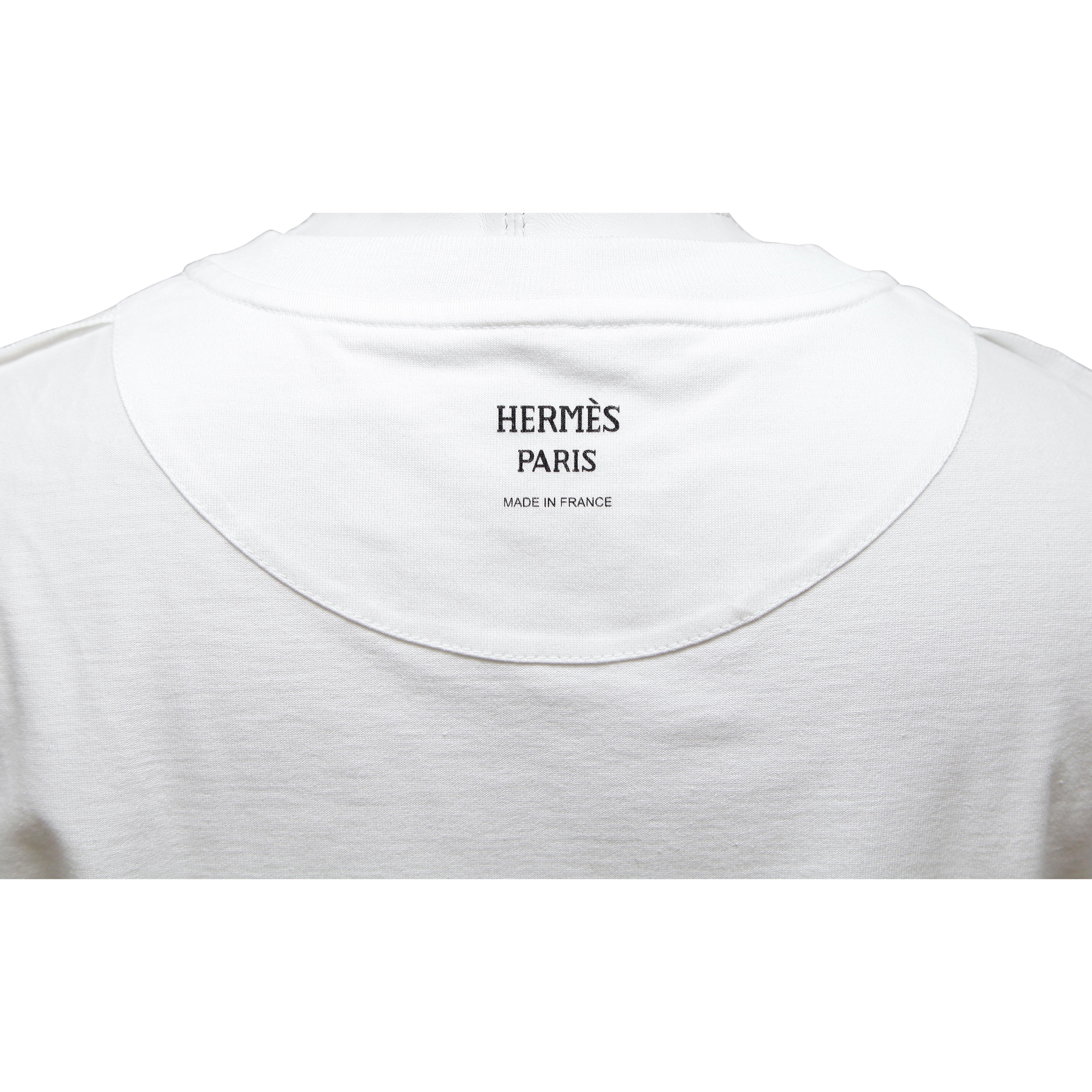 Women's HERMES White T-Shirt Top Mosaique Embroidery Pocket Short Sleeve Crew Neck 36