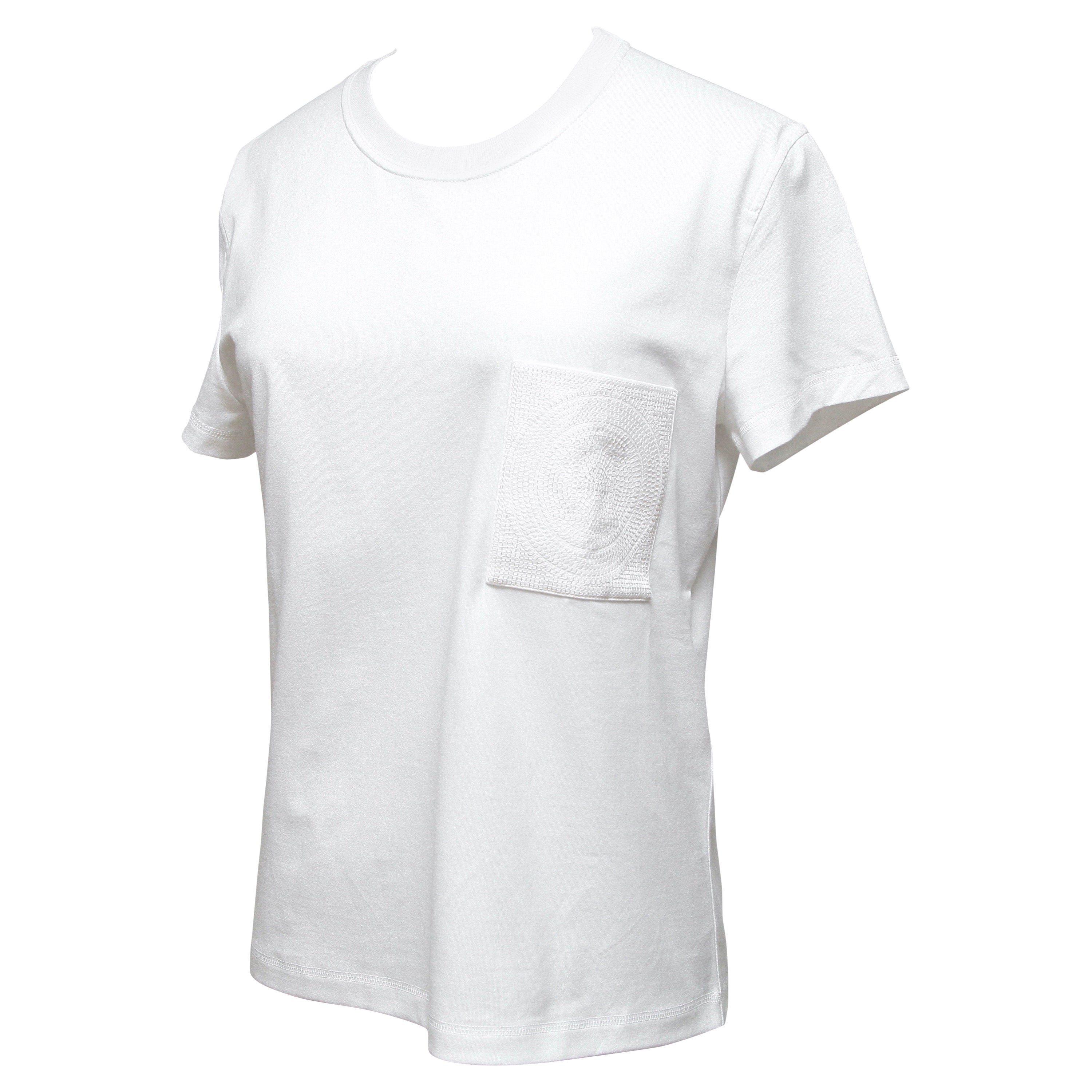 HERMES White T-Shirt Top Mosaique Embroidery Pocket Short Sleeve Crew Neck 36 For Sale