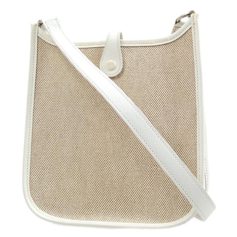 Beige HERMES White Tan Evelyne TPM Leather Canvas Silver Carryall Shoulder Bag