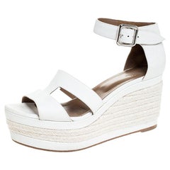 Hermes White Textured Leather Ilana Espadrille Wedge Sandals Size 39