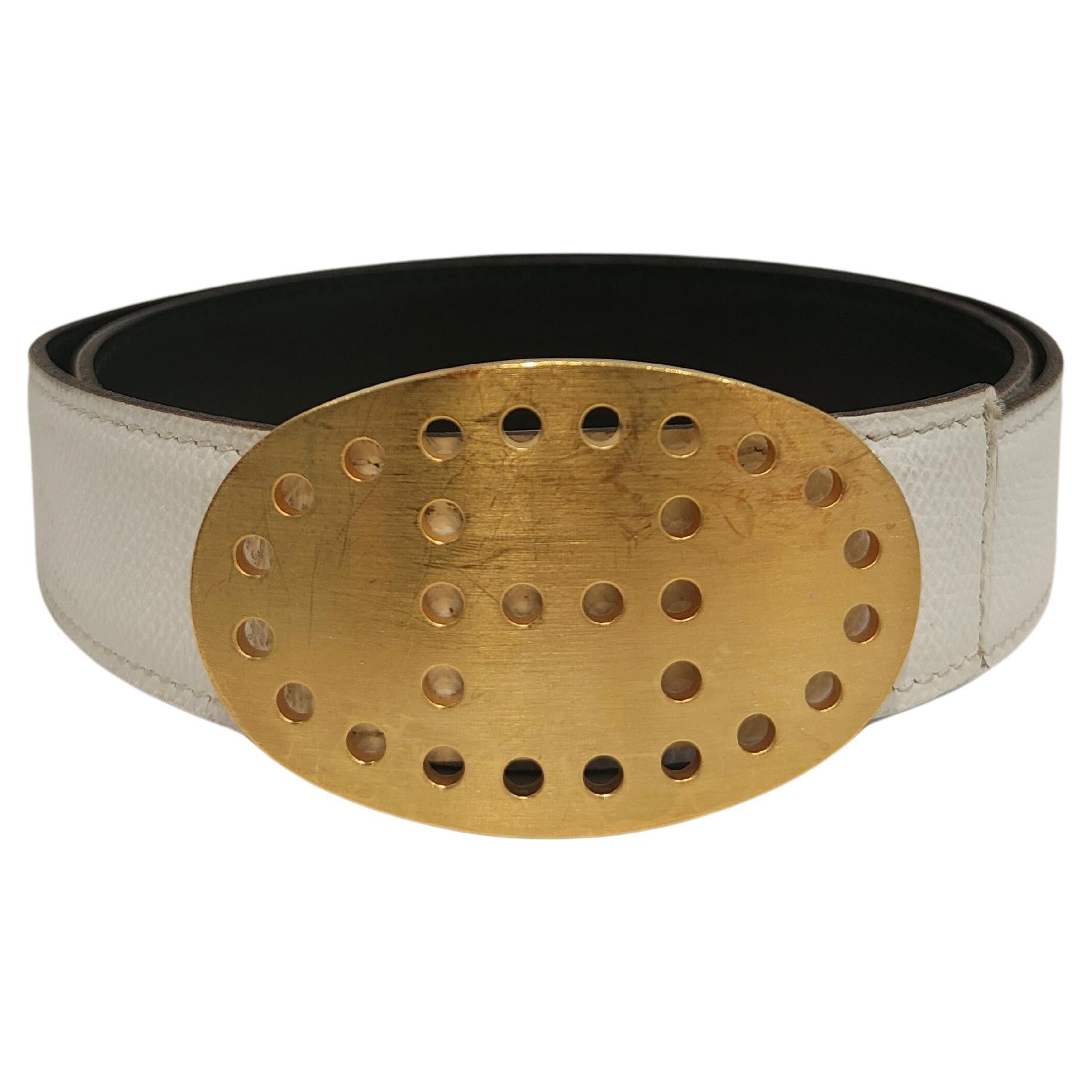 Hermès White togo leather Gold hardware belt For Sale