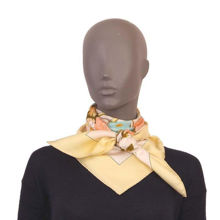Hermes white yellow ROMANTIQUE 90 silk twill Scarf at 1stDibs