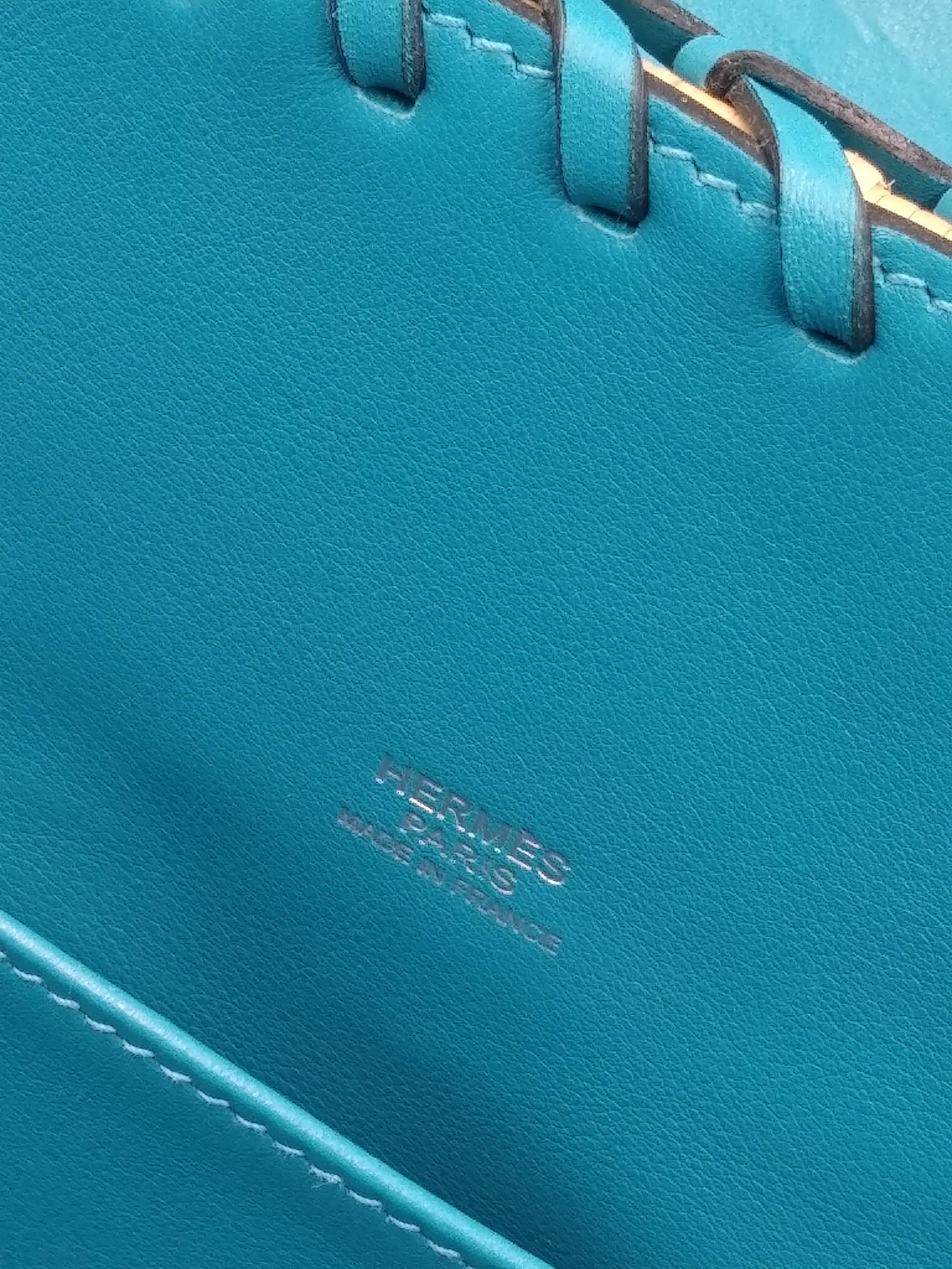 Hermès Wicker and Turquoise Barenia Leather Picnic Bag Kelly 35cm For Sale 3