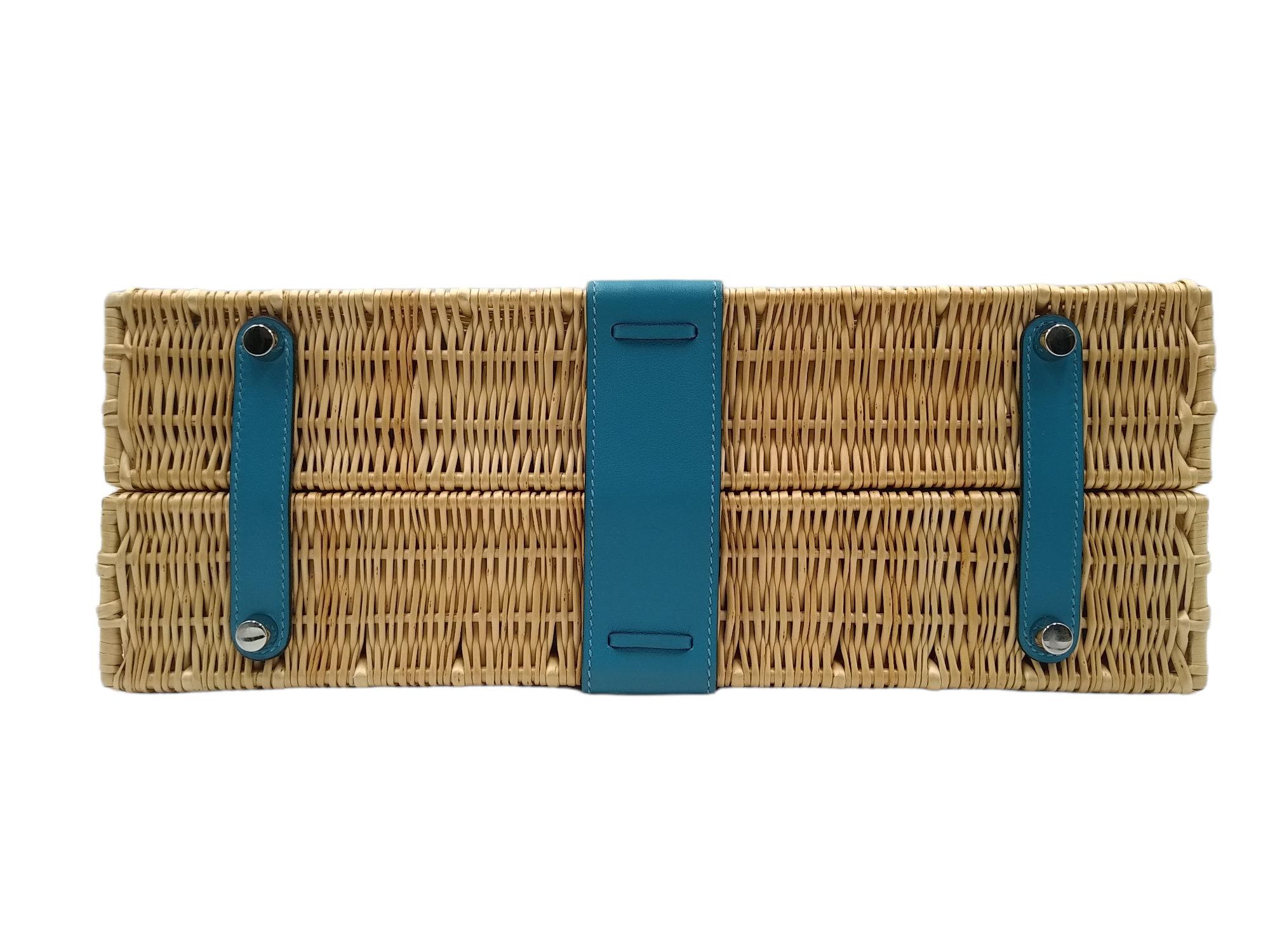 Hermès Wicker and Turquoise Barenia Leather Picnic Bag Kelly 35cm  For Sale 7