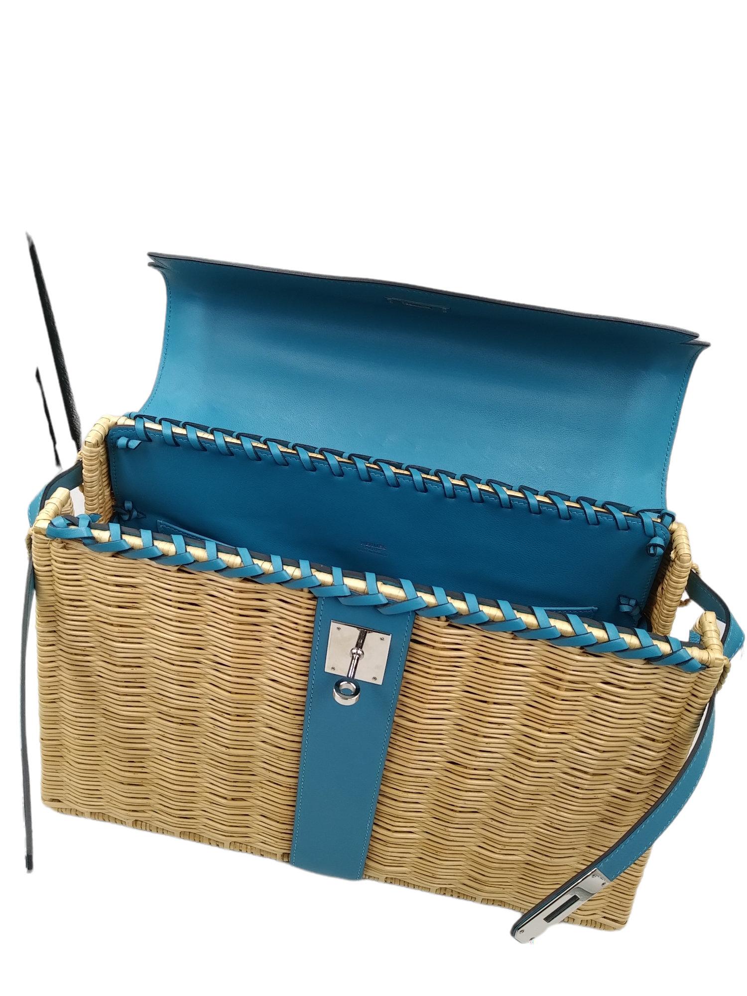 Hermès Wicker and Turquoise Barenia Leather Picnic Bag Kelly 35cm For Sale 1