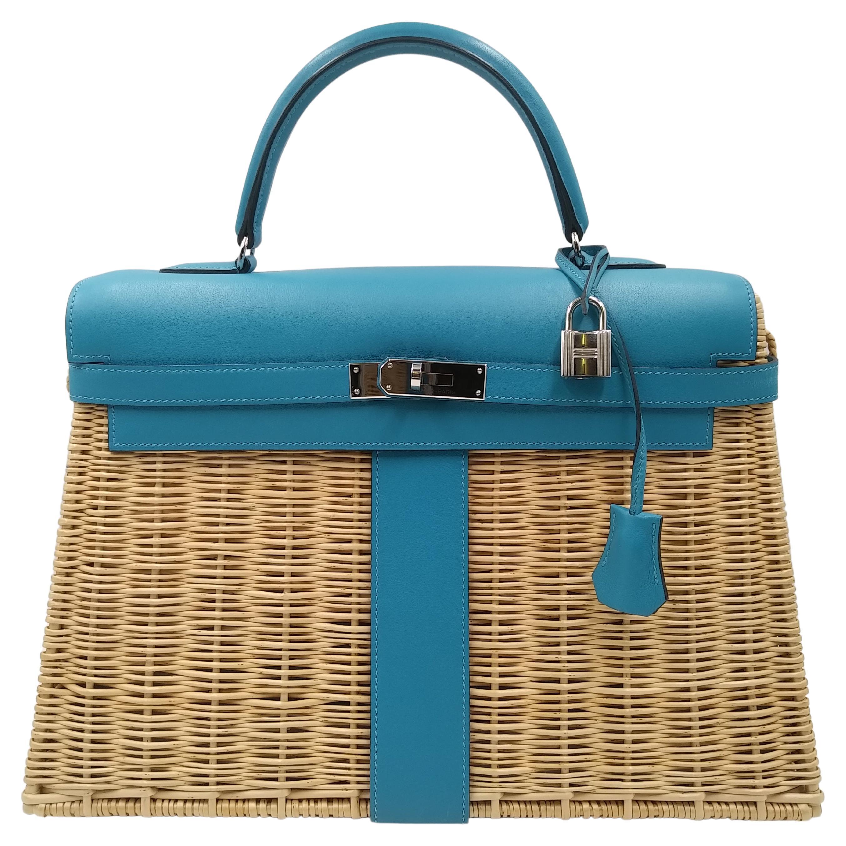 Hermès Wicker and Turquoise Barenia Leather Picnic Bag Kelly 35cm  For Sale