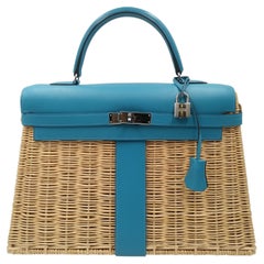 Hermès Wicker and Turquoise Barenia Leather Picnic Bag Kelly 35cm