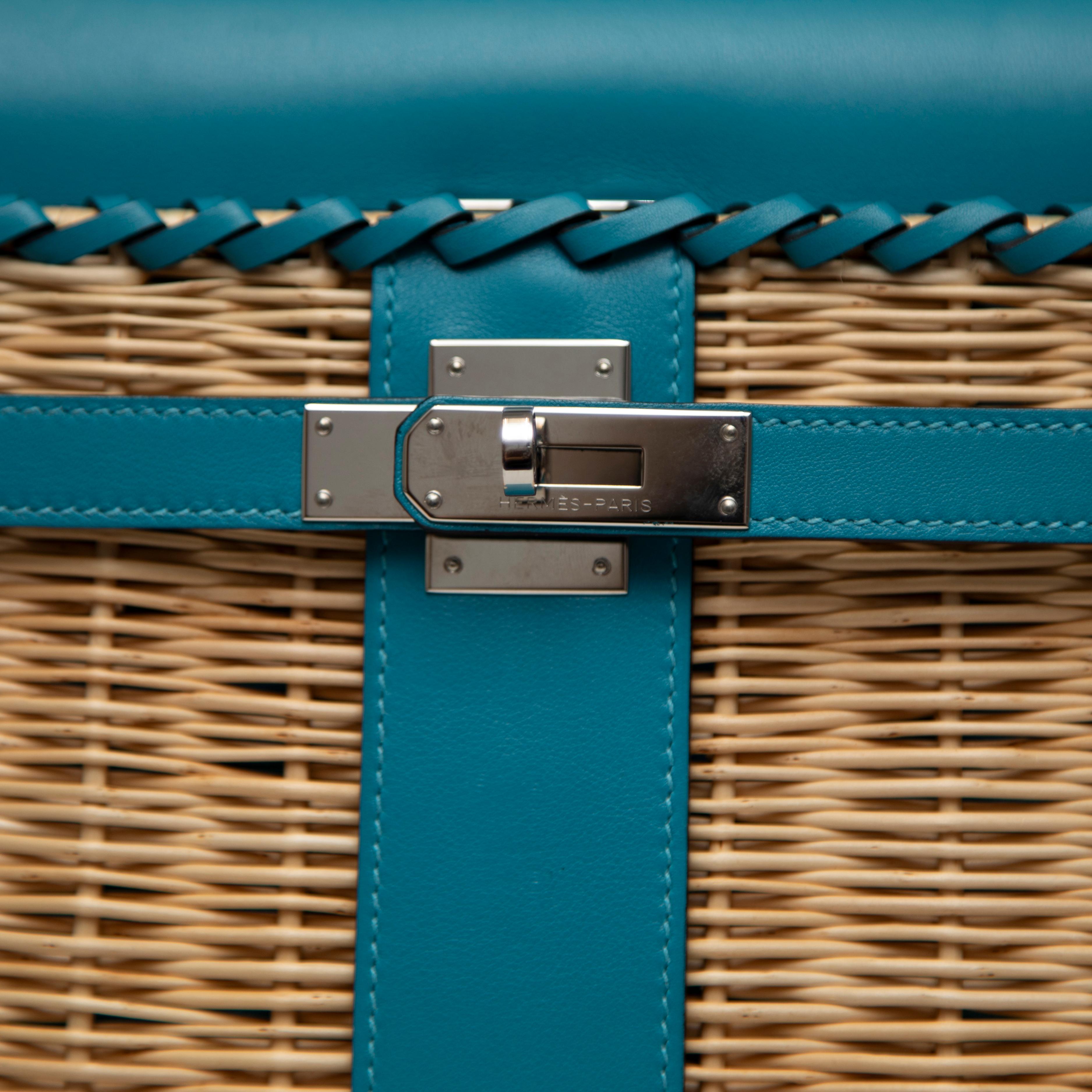 Hermès Wicker and Turquoise Swift Leather Picnic Bag Kelly 35cm with PHW For Sale 6