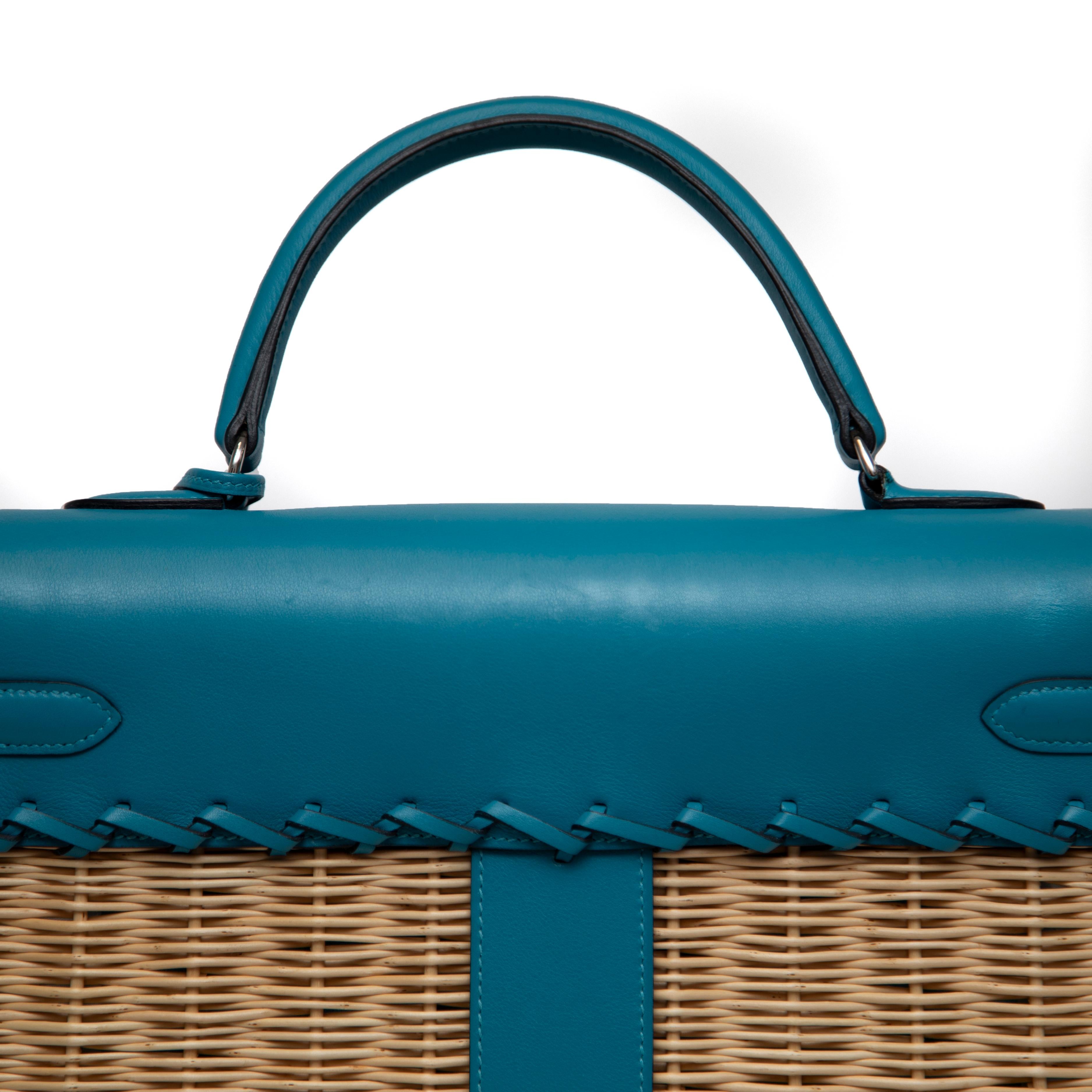 Hermès Wicker and Turquoise Swift Leather Picnic Bag Kelly 35cm with PHW For Sale 7