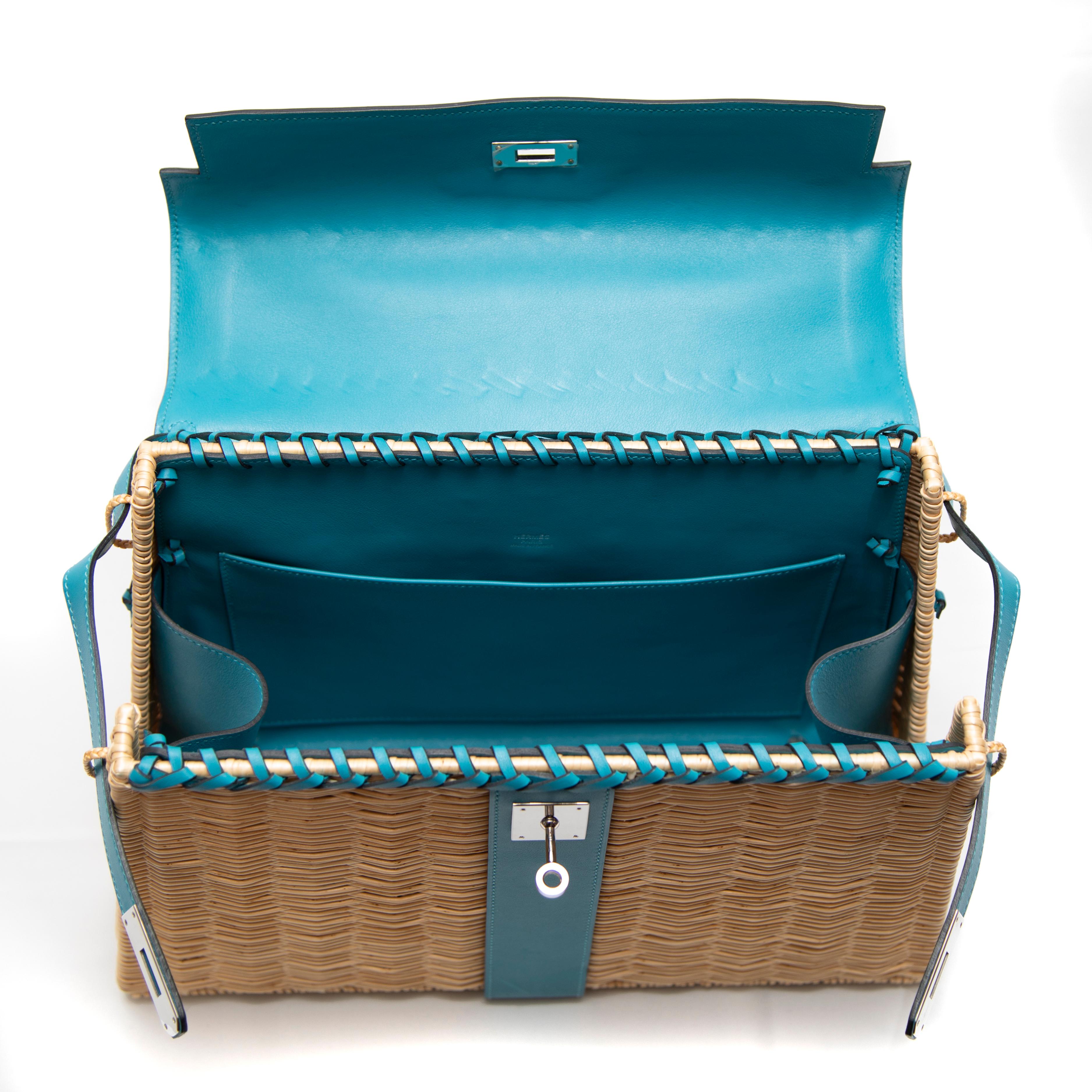 Hermès Wicker and Turquoise Swift Leather Picnic Bag Kelly 35cm with PHW For Sale 9