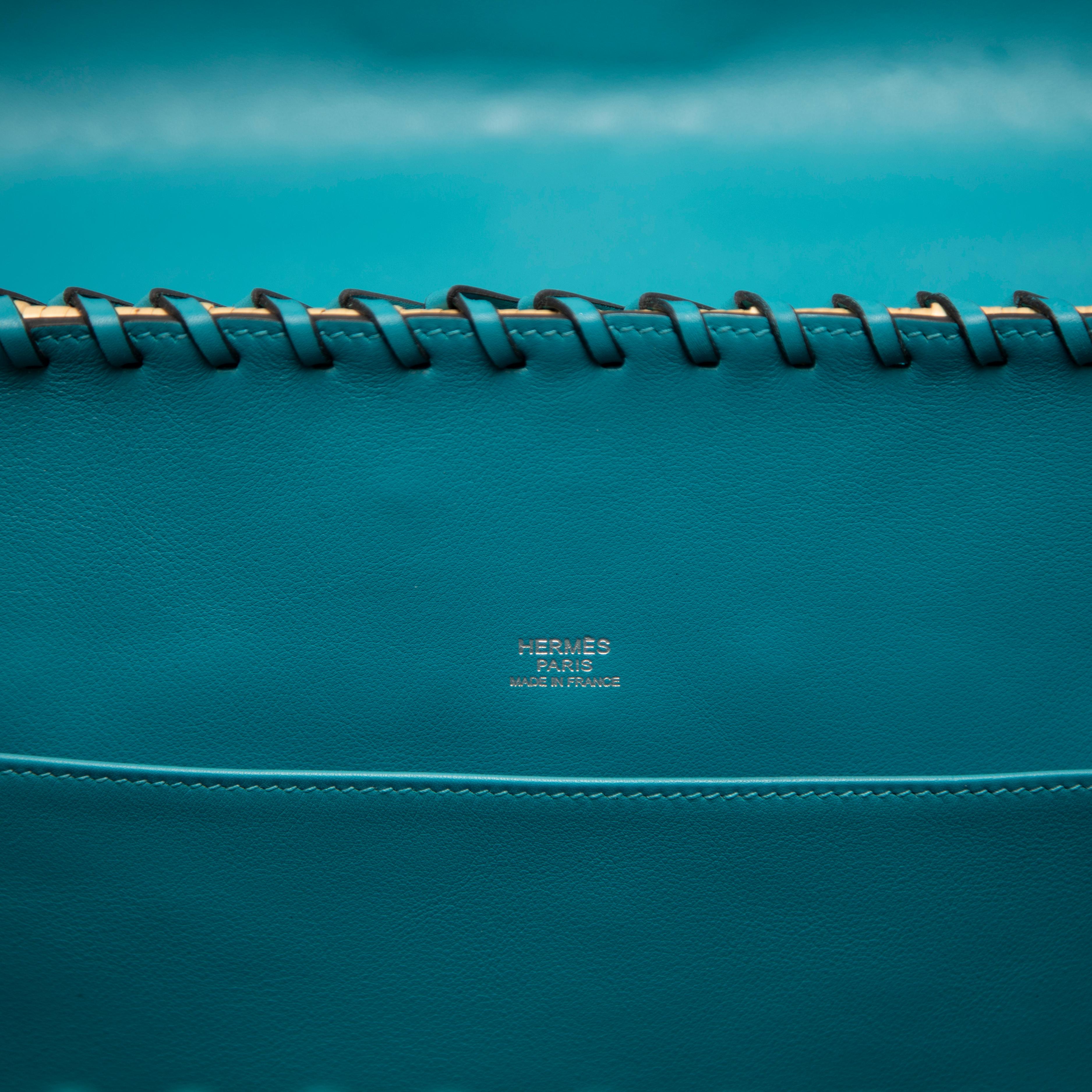 Hermès Wicker and Turquoise Swift Leather Picnic Bag Kelly 35cm with PHW For Sale 10