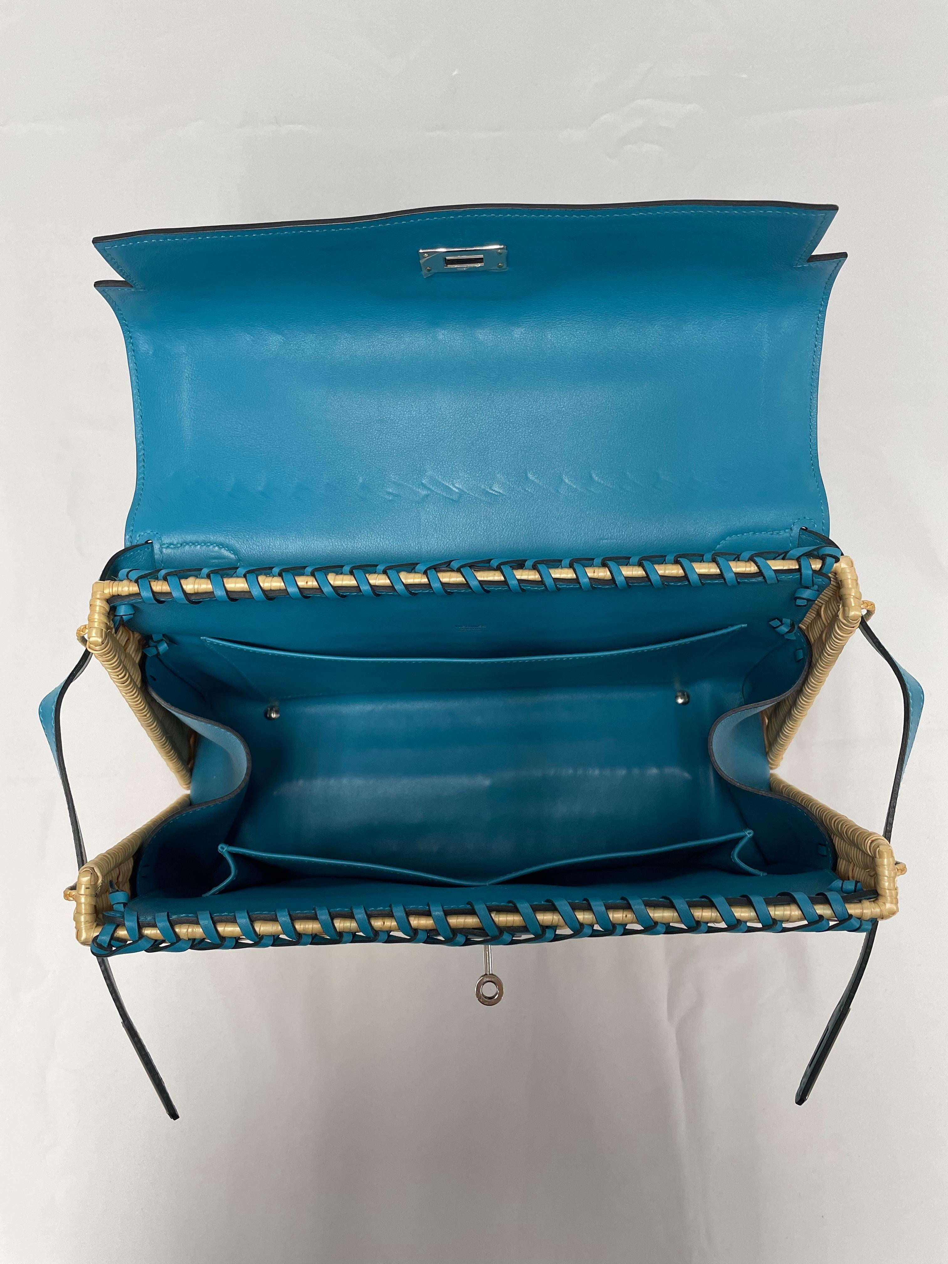 Hermès Wicker and Turquoise Swift Leather Picnic Bag Kelly 35cm with PHW For Sale 13