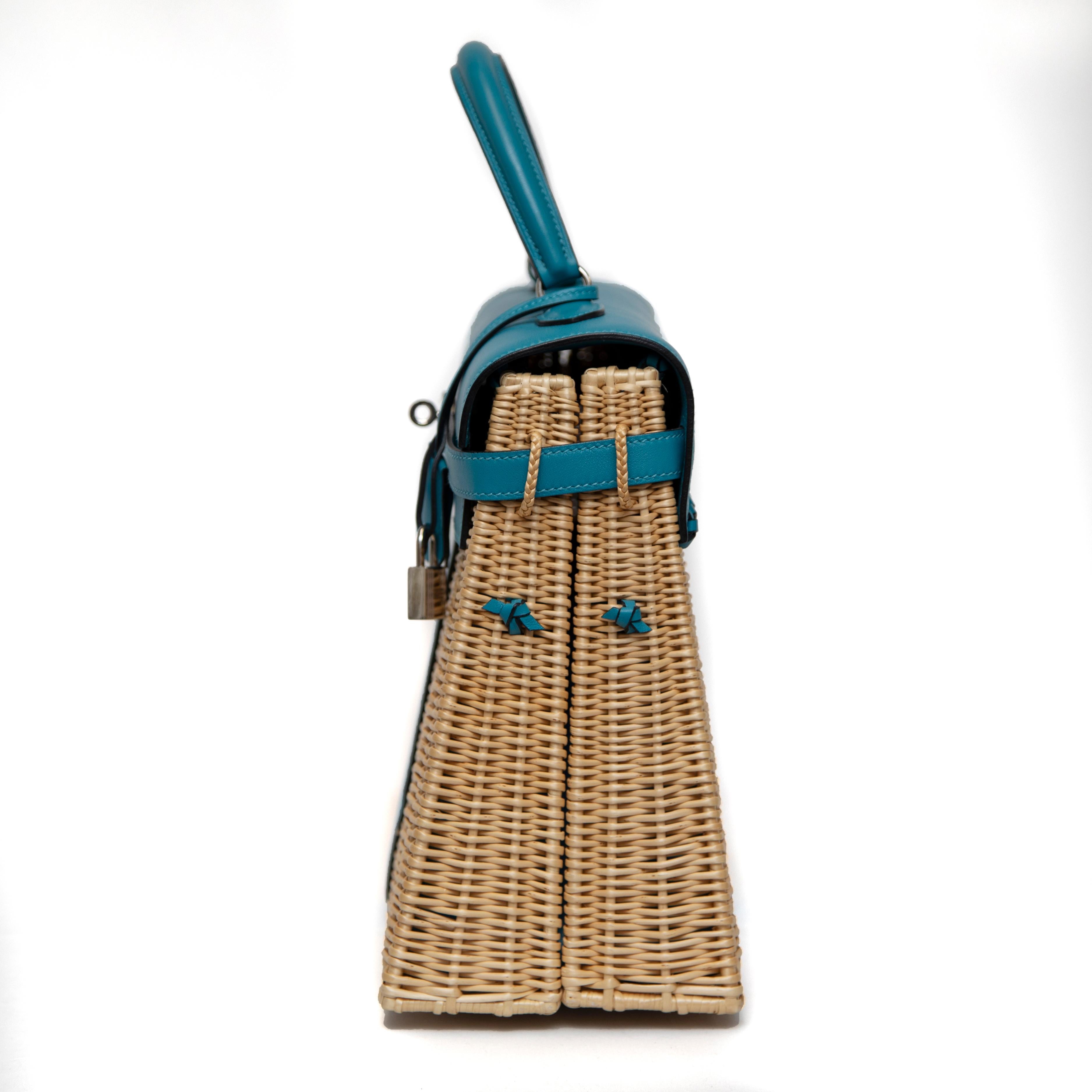 Blue Hermès Wicker and Turquoise Swift Leather Picnic Bag Kelly 35cm with PHW For Sale