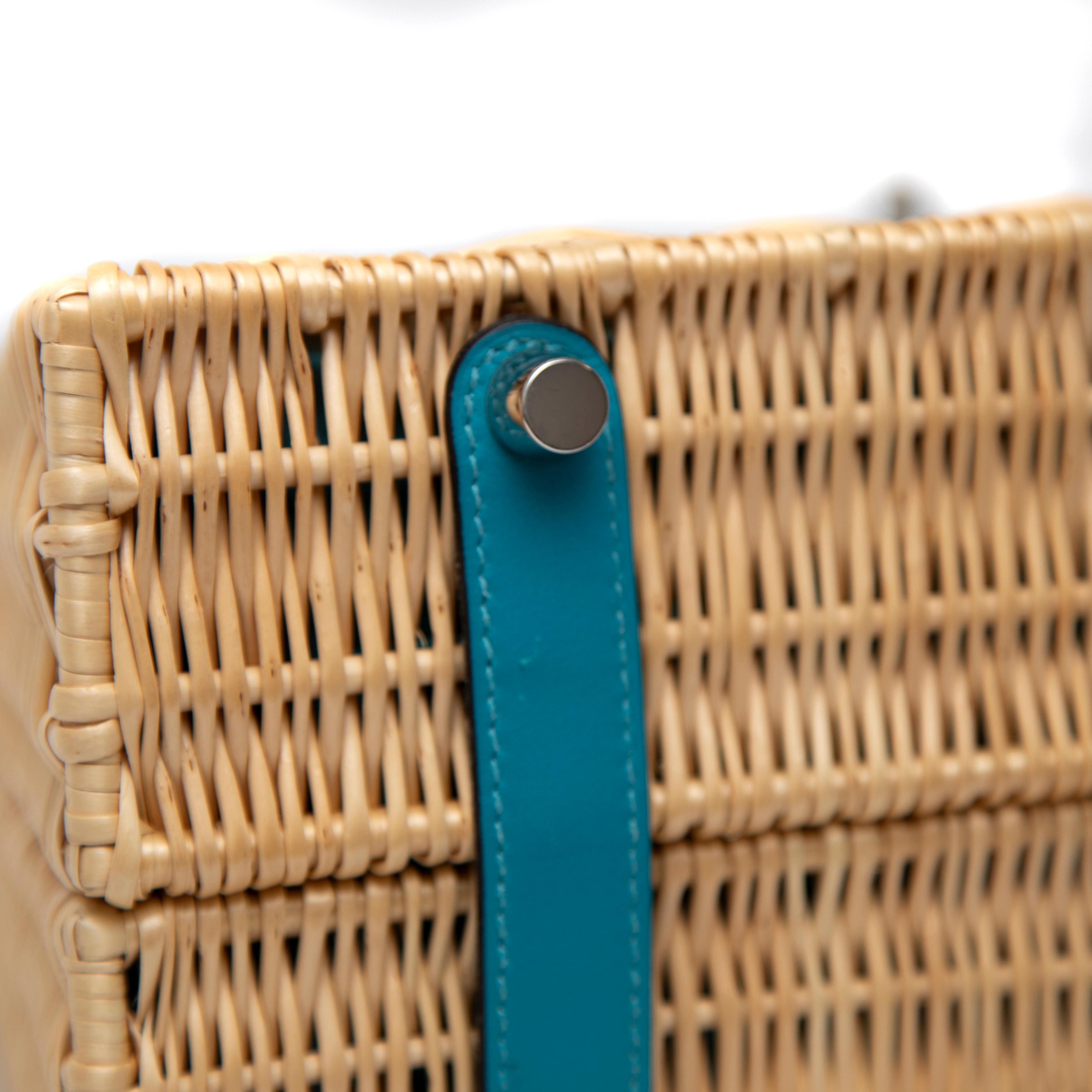 Hermès Wicker and Turquoise Swift Leather Picnic Bag Kelly 35cm with PHW For Sale 1