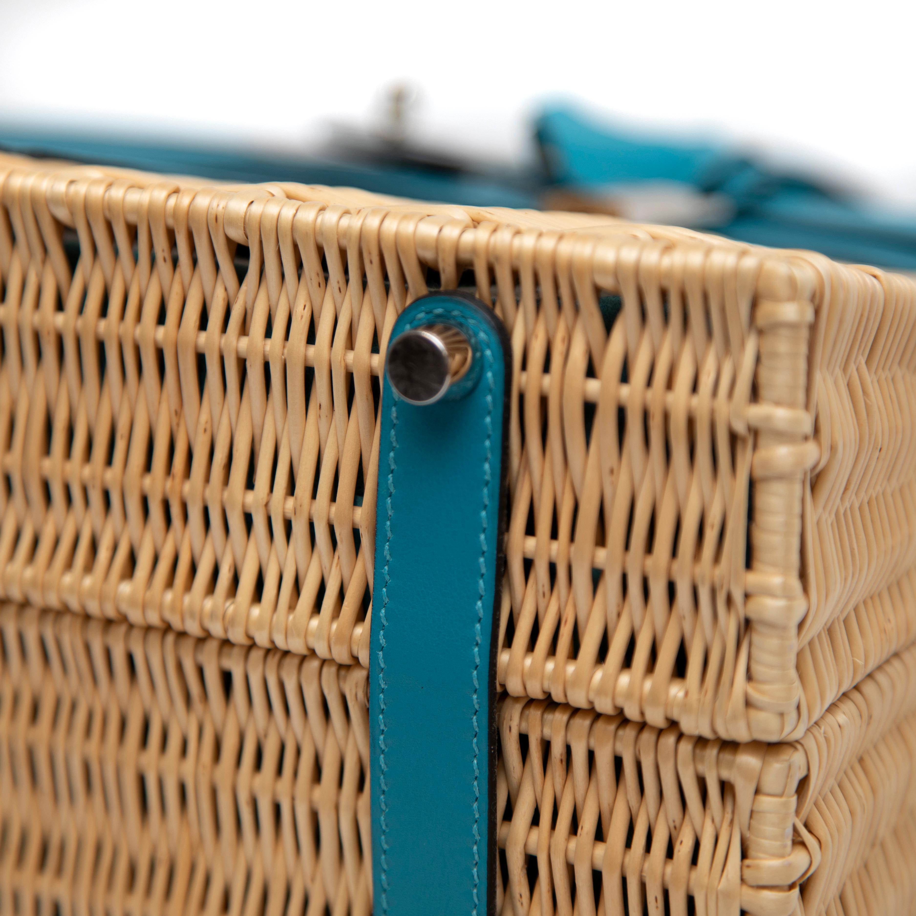 Hermès Wicker and Turquoise Swift Leather Picnic Bag Kelly 35cm with PHW For Sale 2