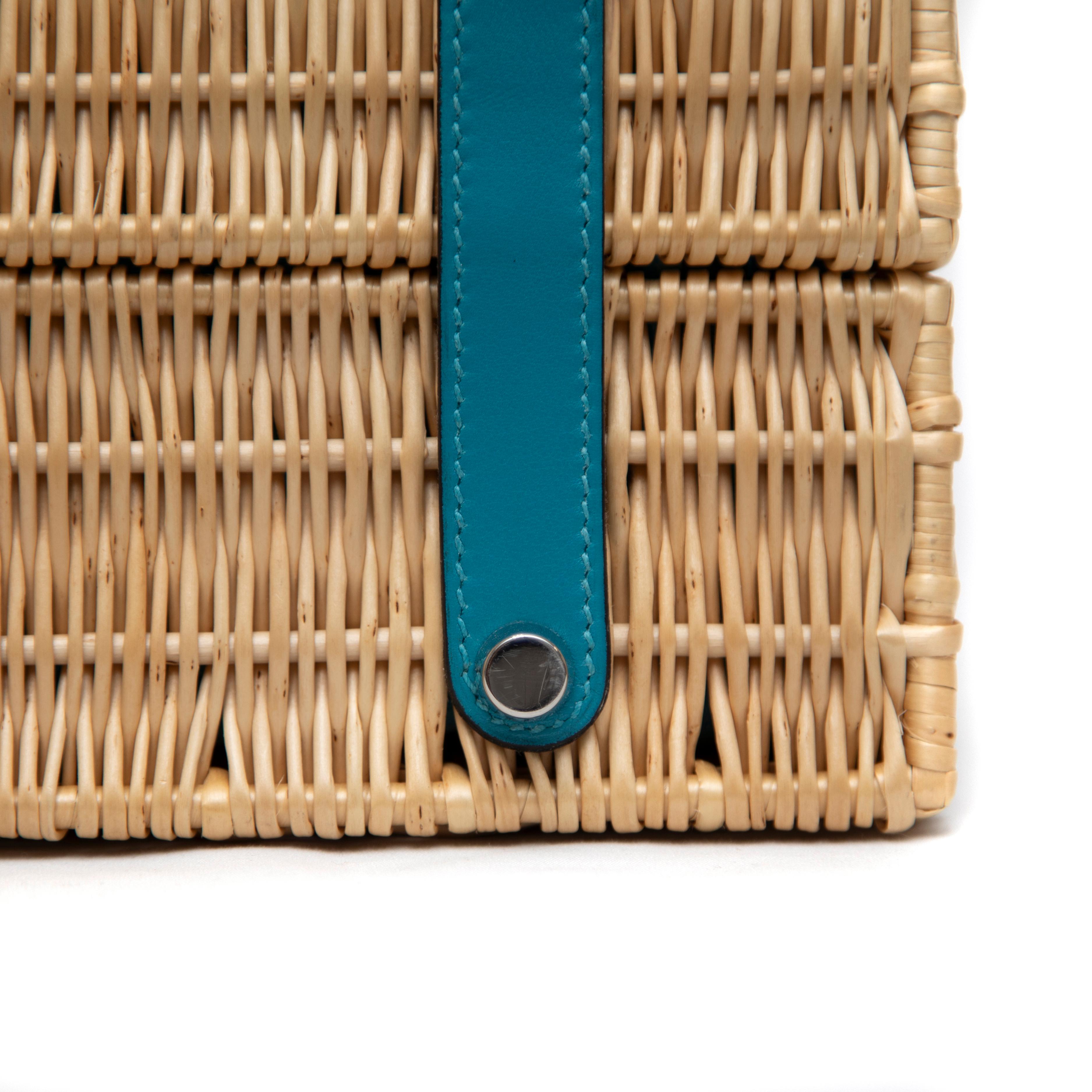 Hermès Wicker and Turquoise Swift Leather Picnic Bag Kelly 35cm with PHW For Sale 4