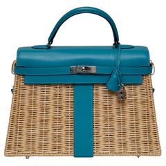 Hermès Wicker und Türkis Swift Leder Picknick Tasche Kelly 35cm mit PHW