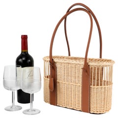 Hermes Wicker Bottle Basket &Crystal Glasses in Hand-Braided w Taurillon Leather