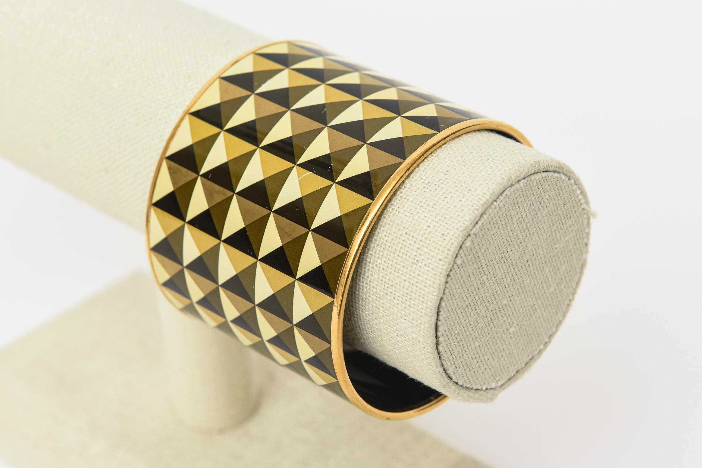 Hermes Wide Cuff Geometric Sculptural Black, Yellow, Gold Enameled Bracelet 1