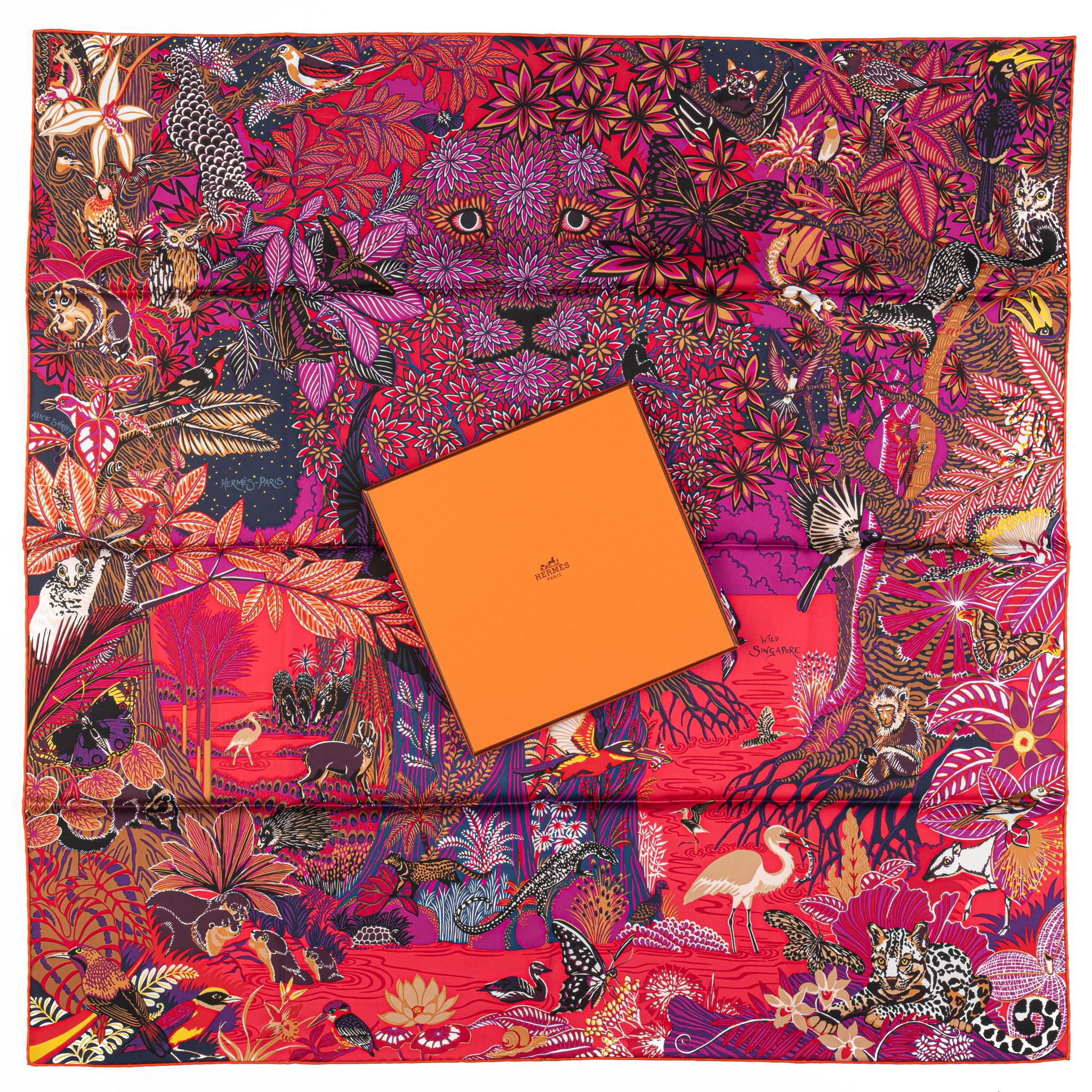 Hermès new Wild Singapore silk scarf . Red and purple color way. Hand rolled edges. Comes with original box.
