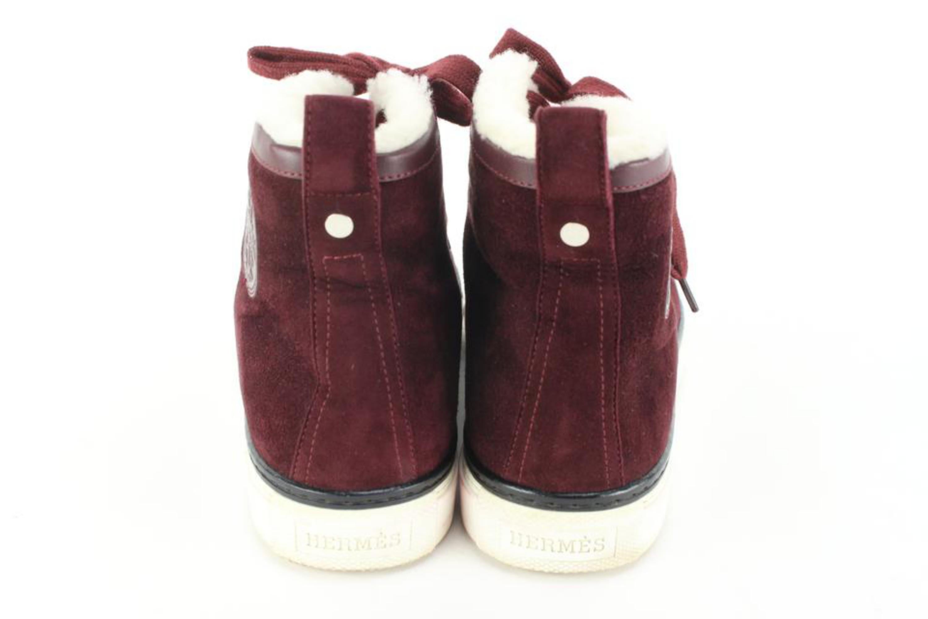 Hermès Womens 37.5 Burgundy Shearling Woolskin Climb Sneakers High Top 85h56s In Good Condition For Sale In Dix hills, NY