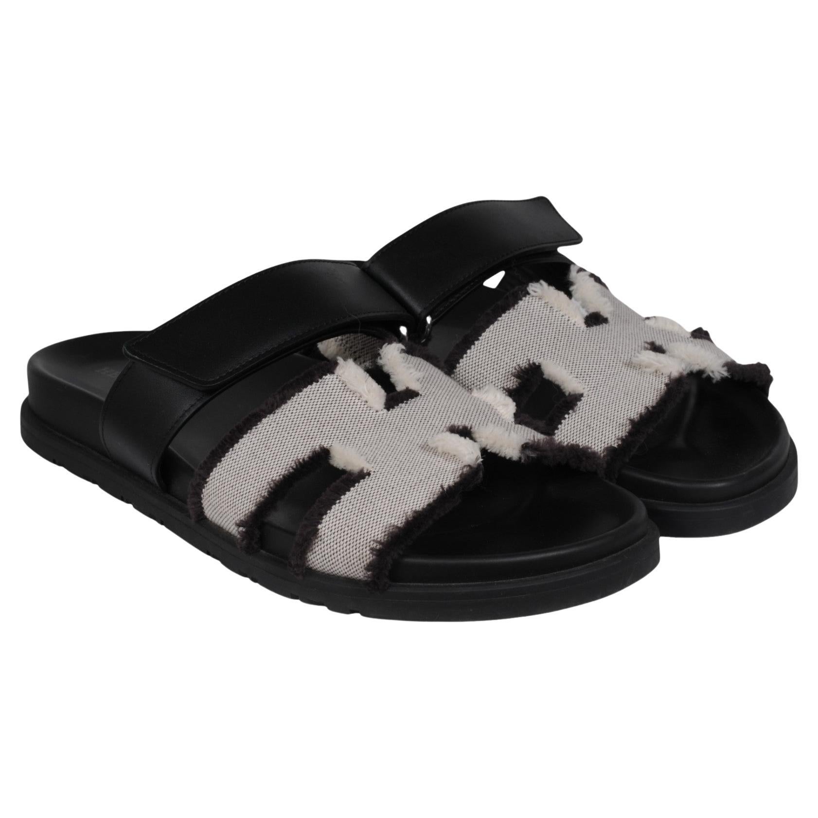 Hermes Womens Chypre Sandal Size US 7 EU 37 Fringed Prunoir Black Grey Tan