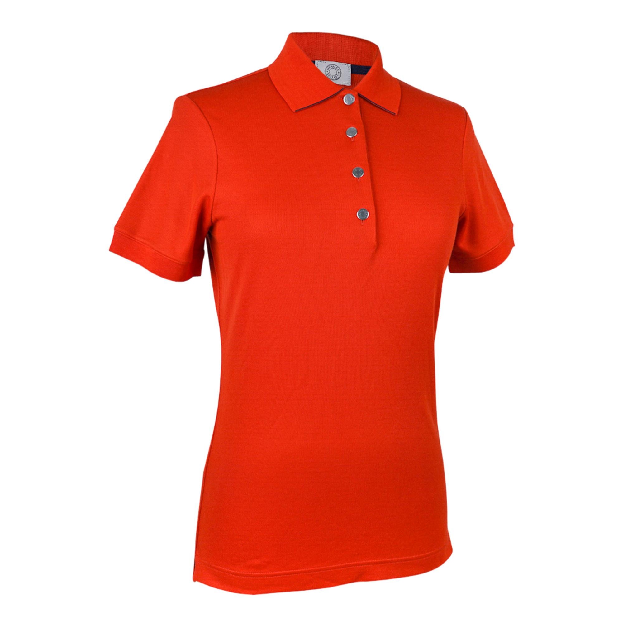 Red Hermes Women's Double Jeu Technical Polo Orange Feu w/ Navy Edging S New For Sale