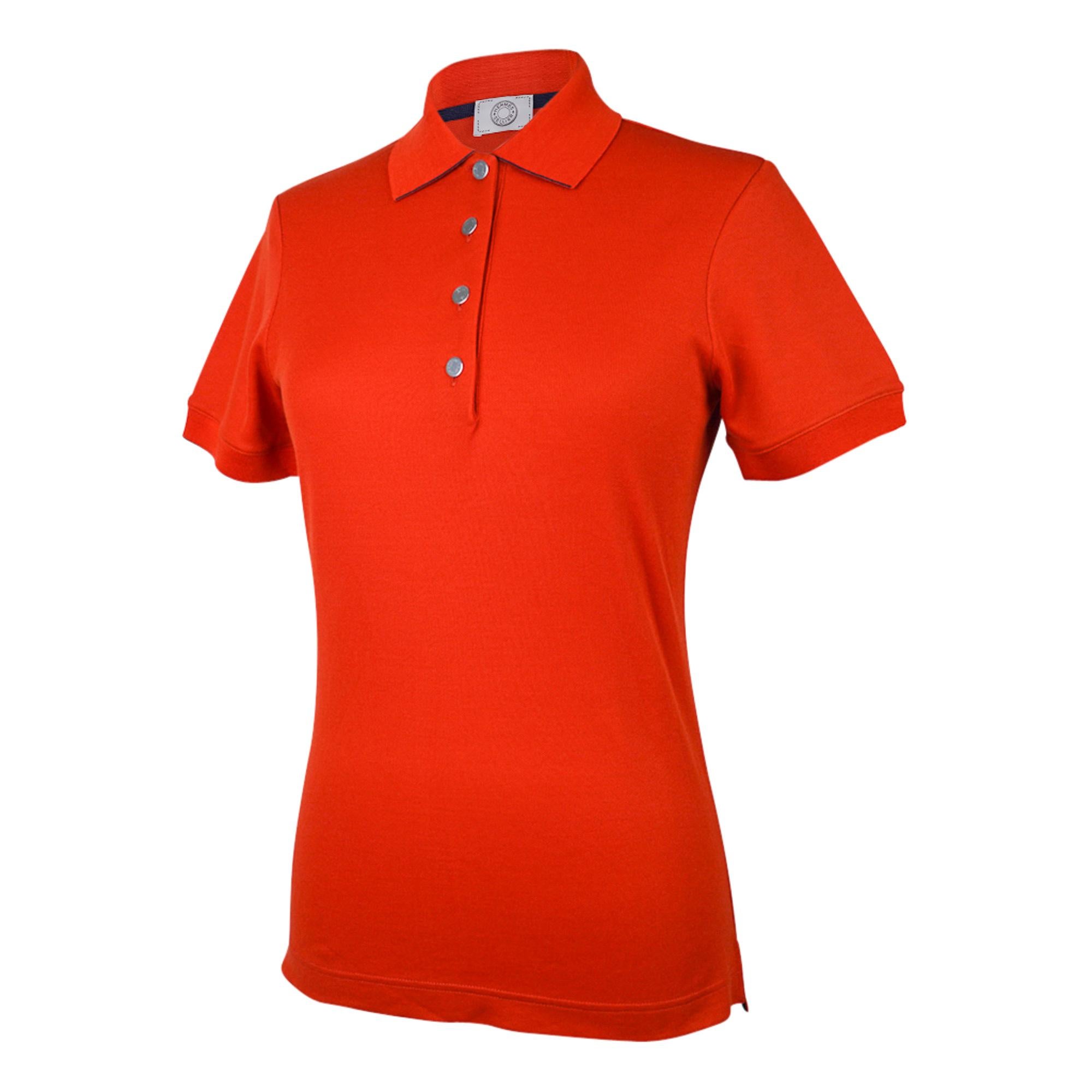 Hermes Women's Double Jeu Technical Polo Orange Feu w/ Navy Edging S New In New Condition For Sale In Miami, FL