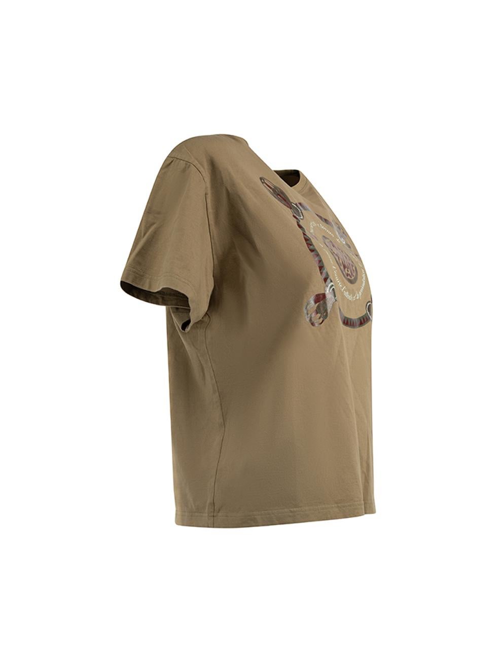 CONDITION is Never Worn. No visible wear to t-shirt is evident on this used Hermès designer resale item. Details Khaki Cotton T shirt Crew neckline Graphic print Made in France Composition 100% Cotton Care instructions: Professional wet cleaning