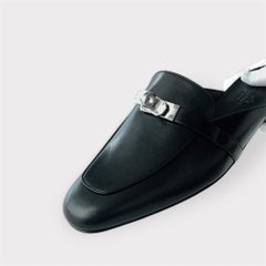 Hermes Women's Oz Mule In Black With A Silver Buckle, Size 38