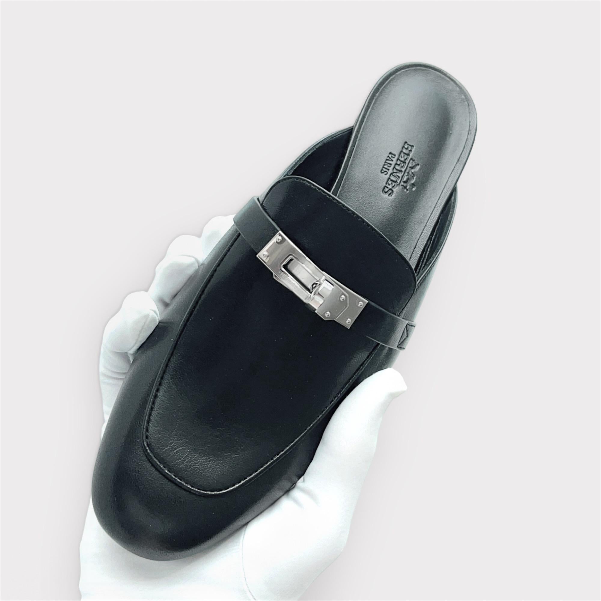 Hermes Women's Oz Mule In Black With A Silver Buckle, Size 38 1