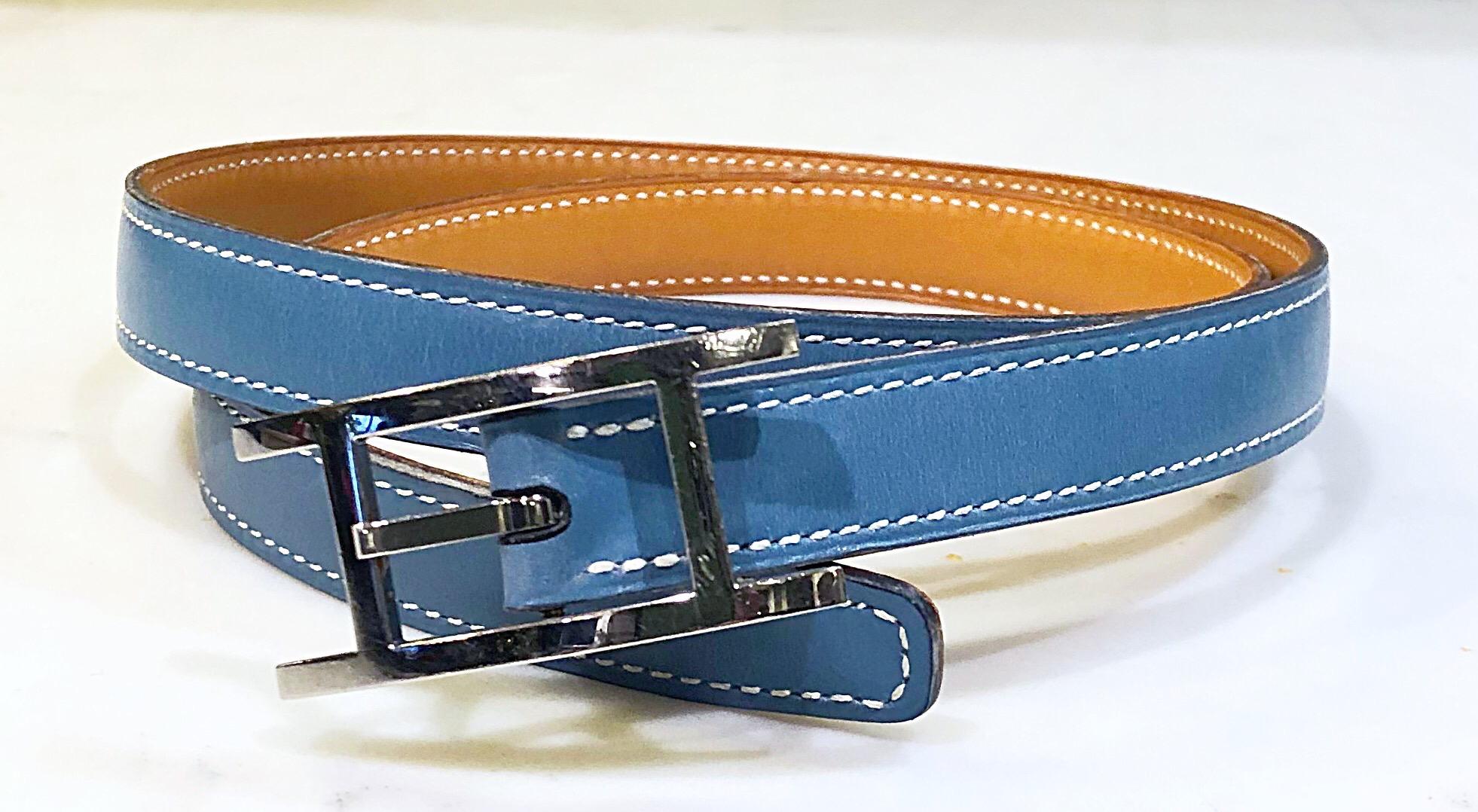 Hermes Women's Size 75 Light Blue + Silver Leather Quentin H Logo Thin Belt 4