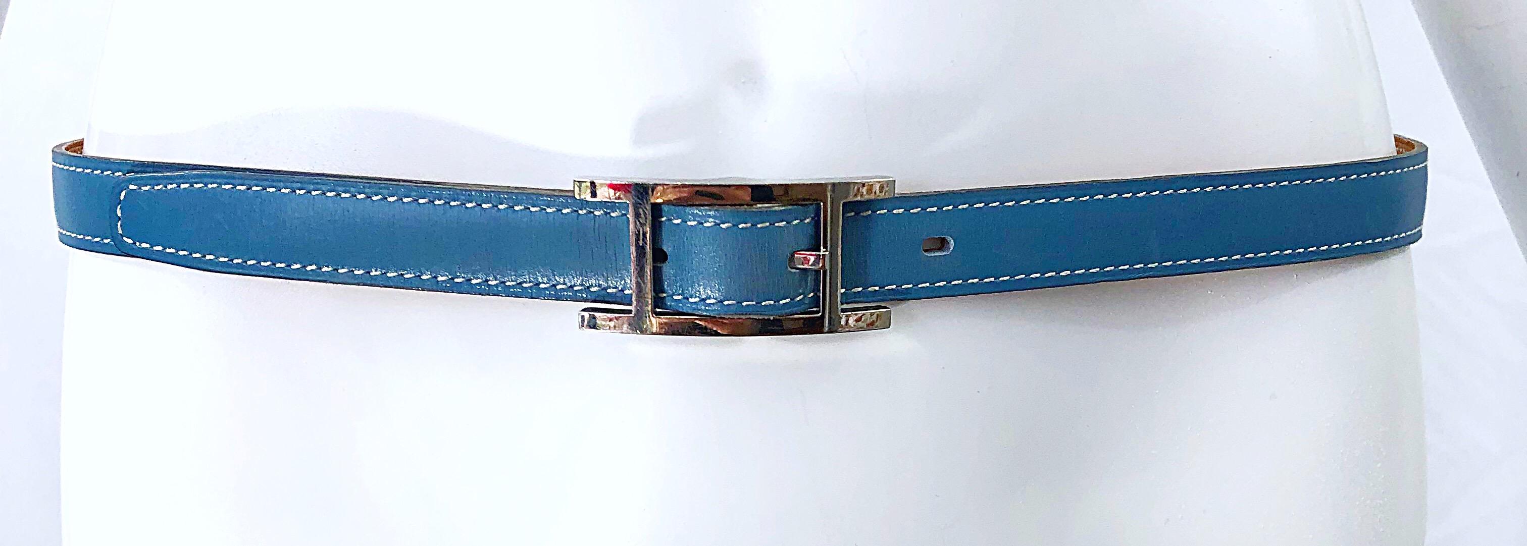 Hermes Women's Size 75 Light Blue + Silver Leather Quentin H Logo Thin Belt 5