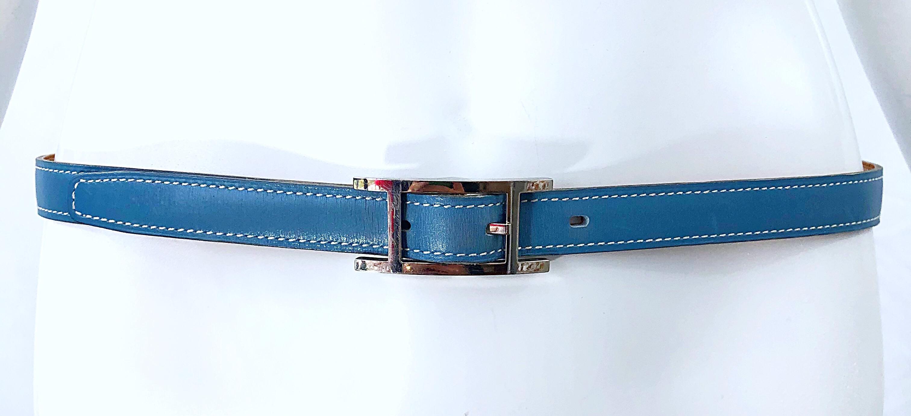Hermes Women's Size 75 Light Blue + Silver Leather Quentin H Logo Thin Belt 6