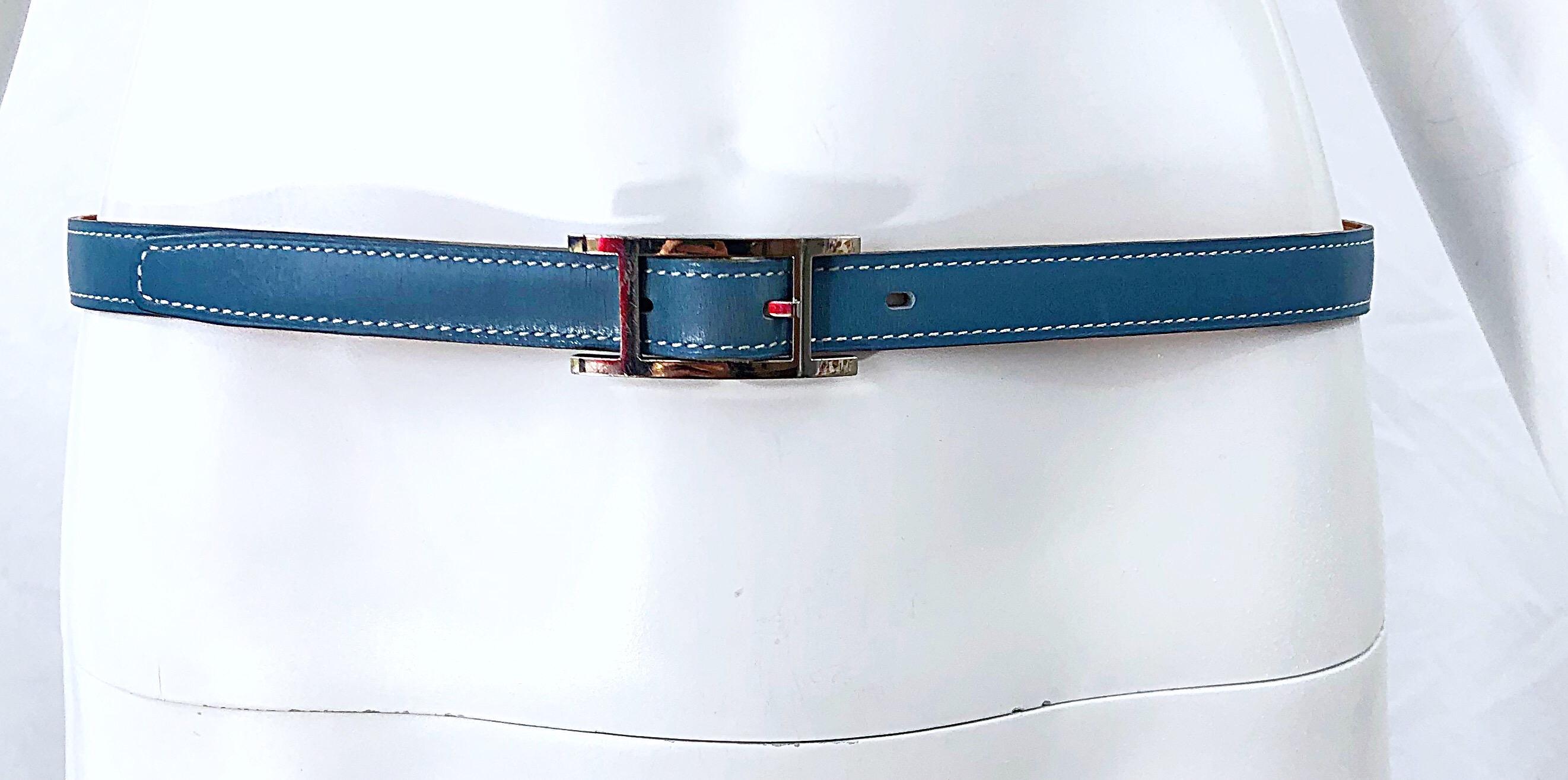 Timeless and effortlessly chic women's HERMES light blue leather 'Quentin' belt ! Light blue color goes great with everything, and is perfect for year round wear. Pair with white jeans, a skirt, or over a dress or top. 
In great condition
Made in