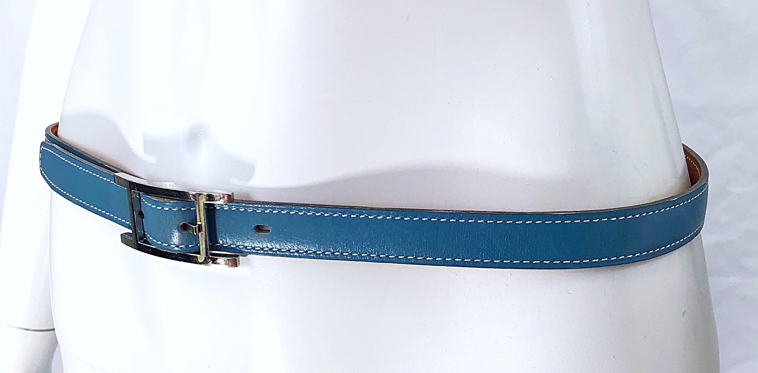 Hermes Women's Size 75 Light Blue + Silver Leather Quentin H Logo Thin Belt In Excellent Condition In San Diego, CA